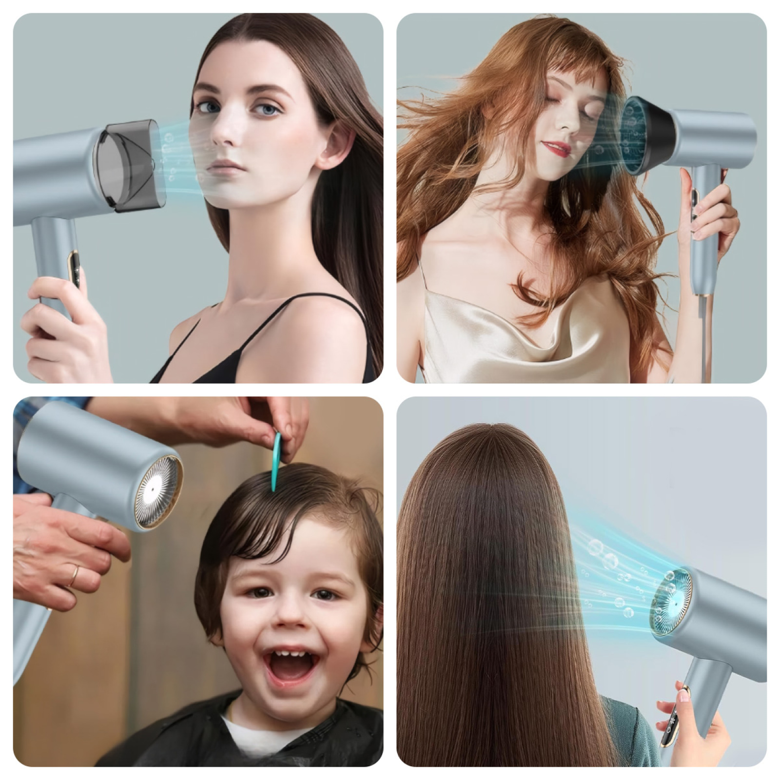 Vier Bilder zeigen Personen, die einen blauen Haartrockner benutzen. Frauen und Kinder werden gezeigt, deren Haare gestylt und getrocknet werden.