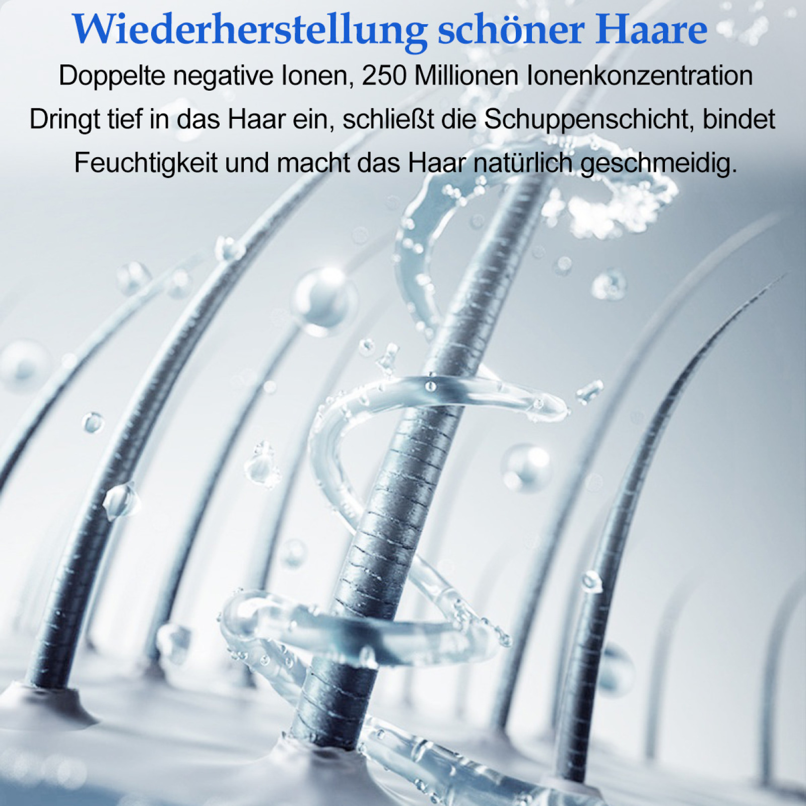 Nahaufnahme von Haarsträhnen mit Wassertropfen. Der Text deutet auf Haarwiederherstellung mit negativen Ionen hin.