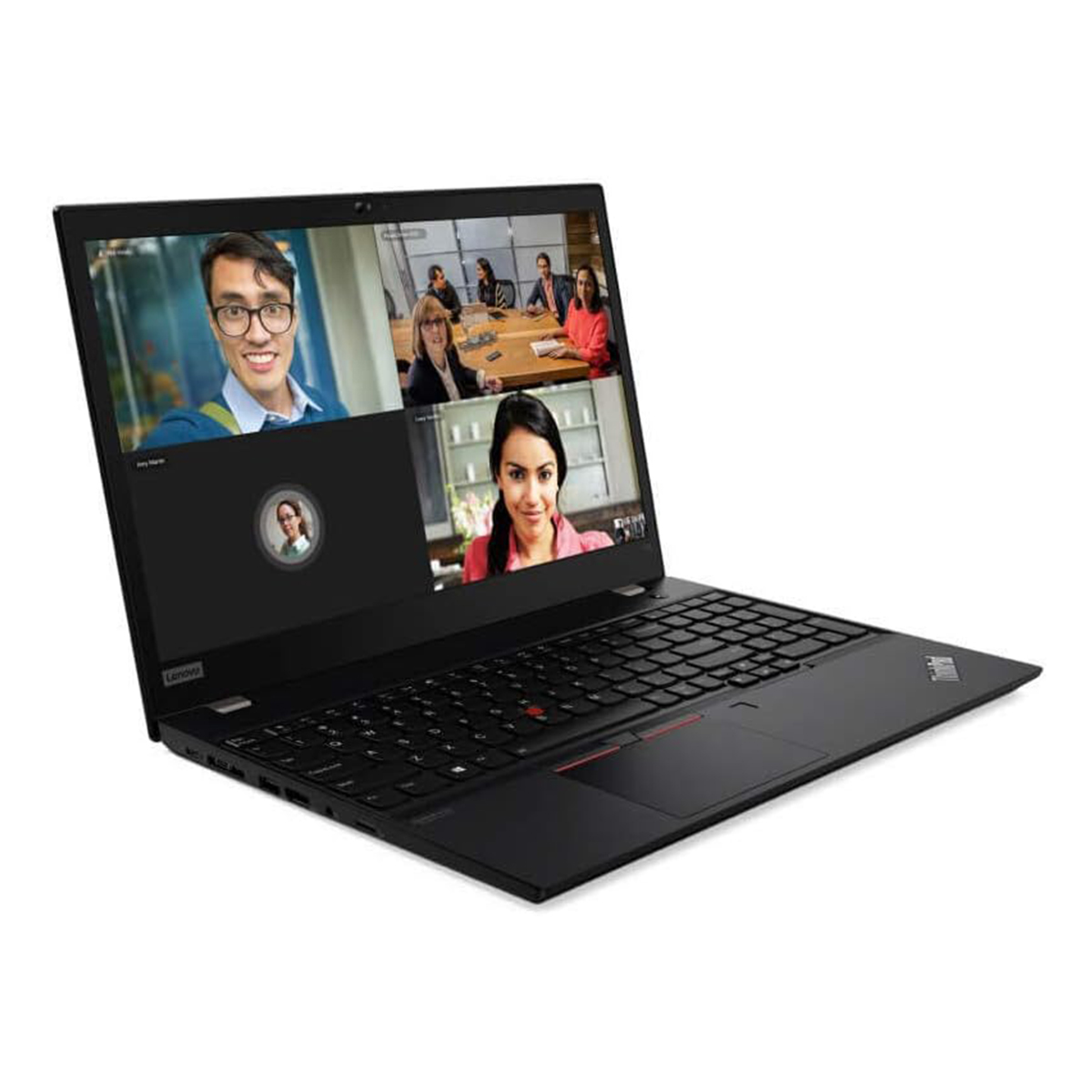 Czarny laptop Lenovo wyświetlający połączenie wideo z pięcioma uczestnikami. Widoczna klawiatura i touchpad. Białe tło.