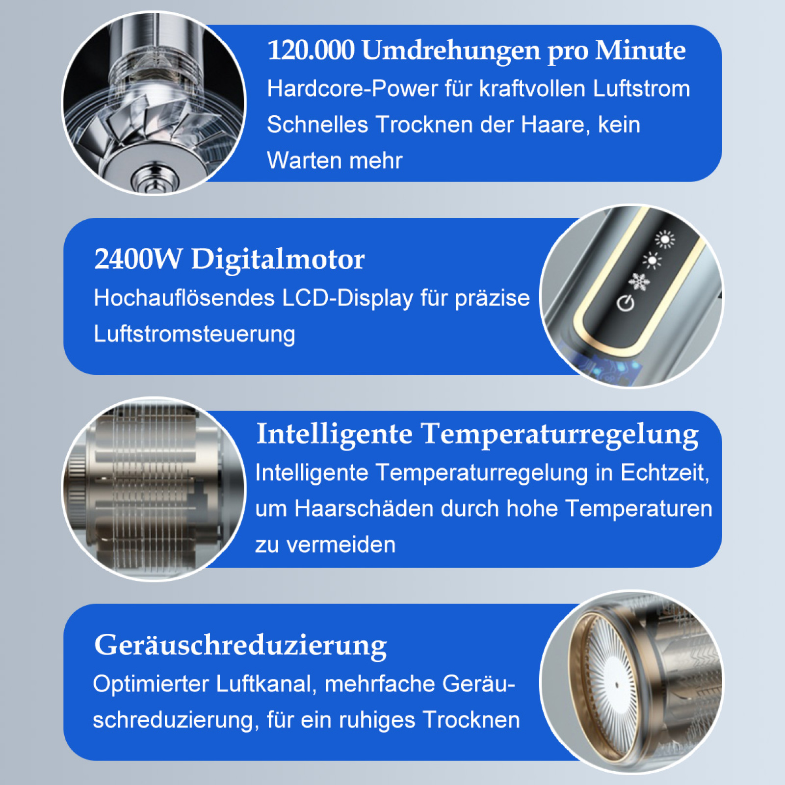 Das Bild zeigt Details eines Haartrockners: einen Motor, ein LCD-Display, Temperaturregelung und Geräuschreduzierung.