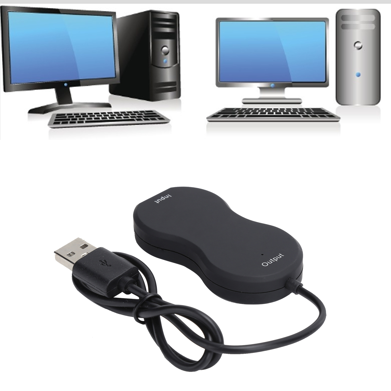 Das Bild zeigt zwei Computer, einen schwarzen und einen silbernen, mit Tastaturen. Darunter ist ein schwarzes Gerät mit USB-Kabel abgebildet.