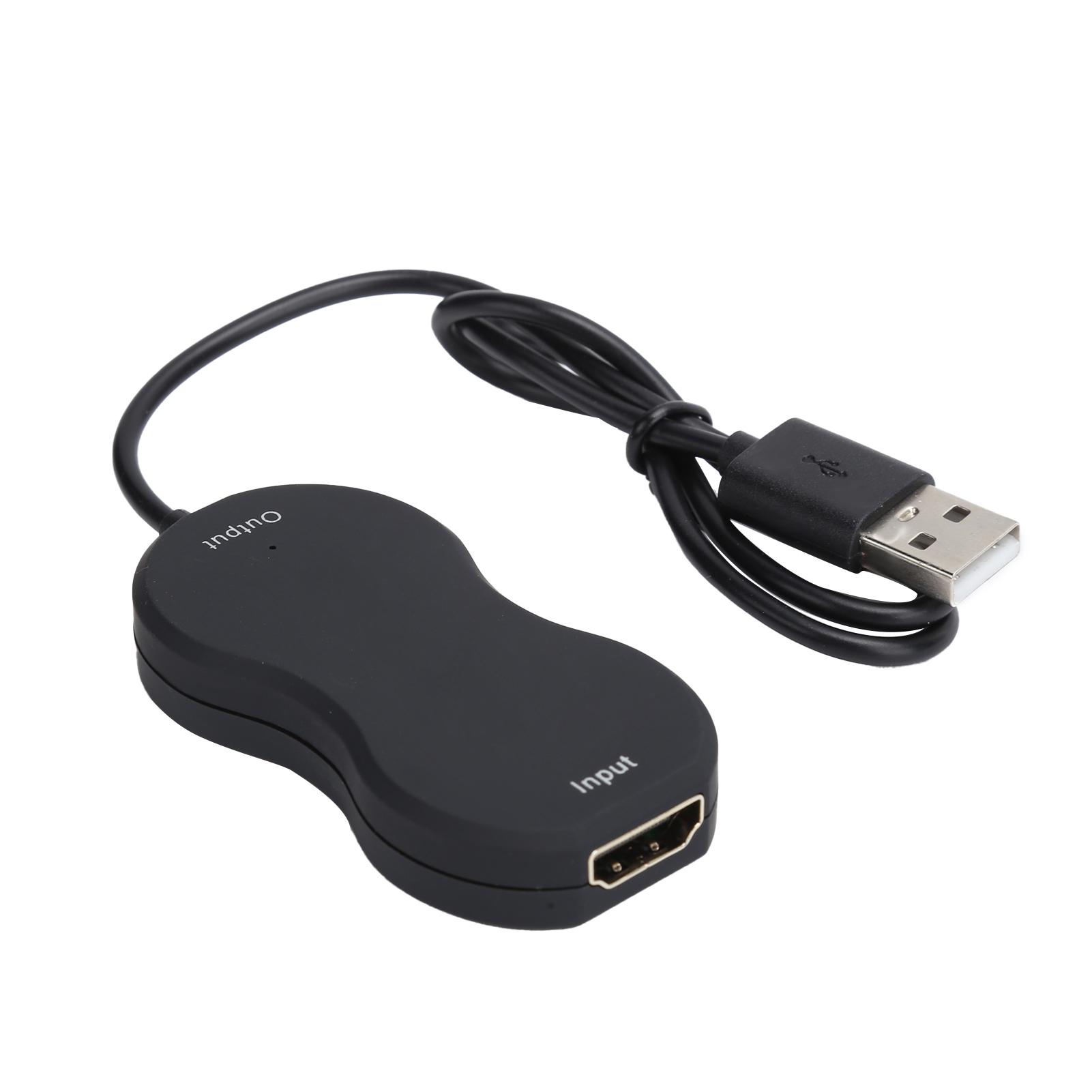 Schwarzer HDMI-zu-USB-Adapter mit USB-Anschluss und schwarzem Kabel. Der Adapter hat die Aufschriften 'Input' und 'Output'.