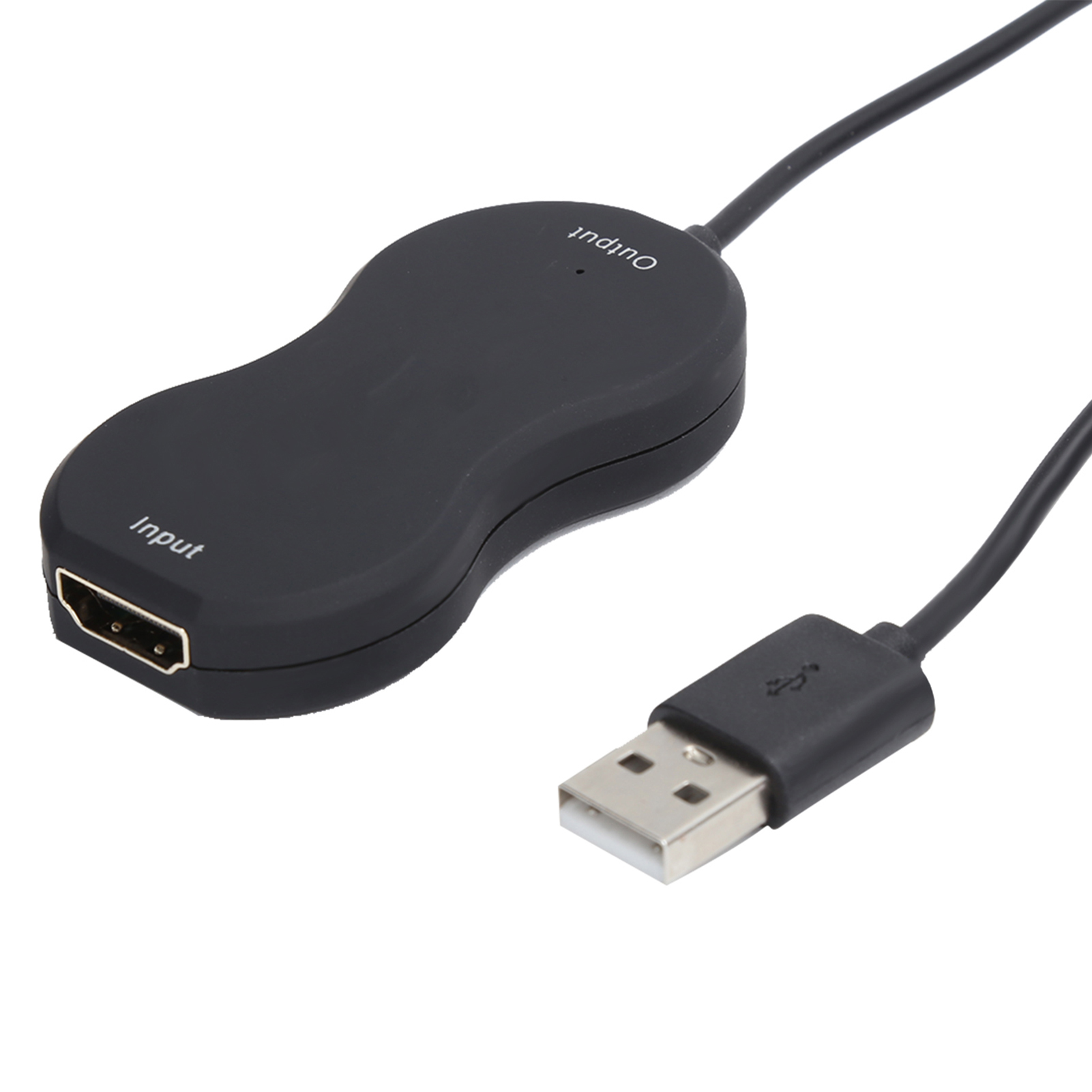 Ein schwarzer HDMI-zu-USB-Adapter. Der Adapter hat einen Eingangs- und einen Ausgangsanschluss. Ein USB-Kabel ist angeschlossen.