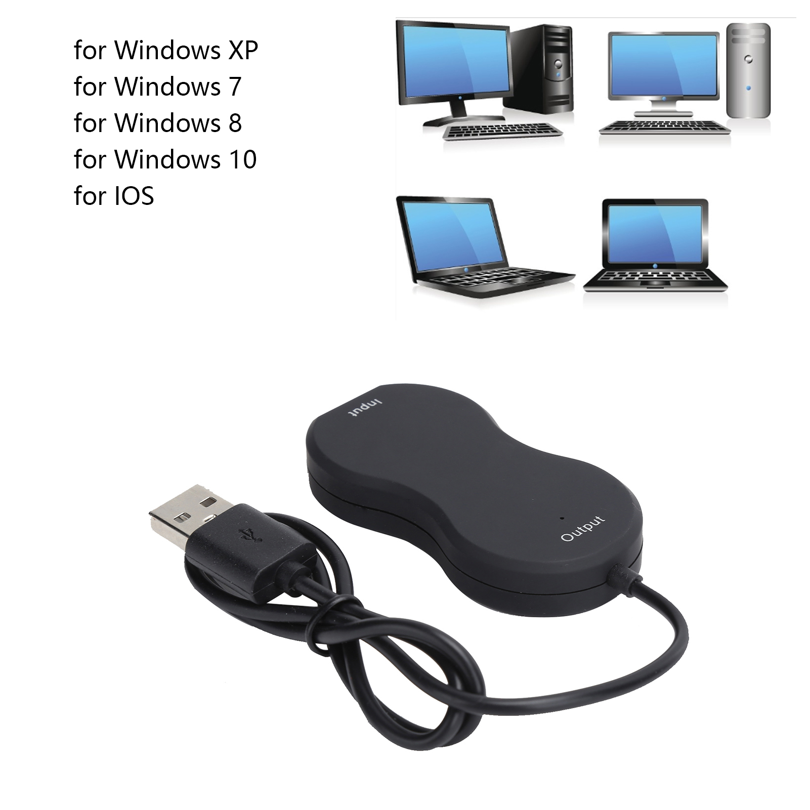 Das Bild zeigt Computermonitore, Laptops und einen schwarzen USB-Adapter. Text links zeigt Kompatibilität mit Windows und iOS.