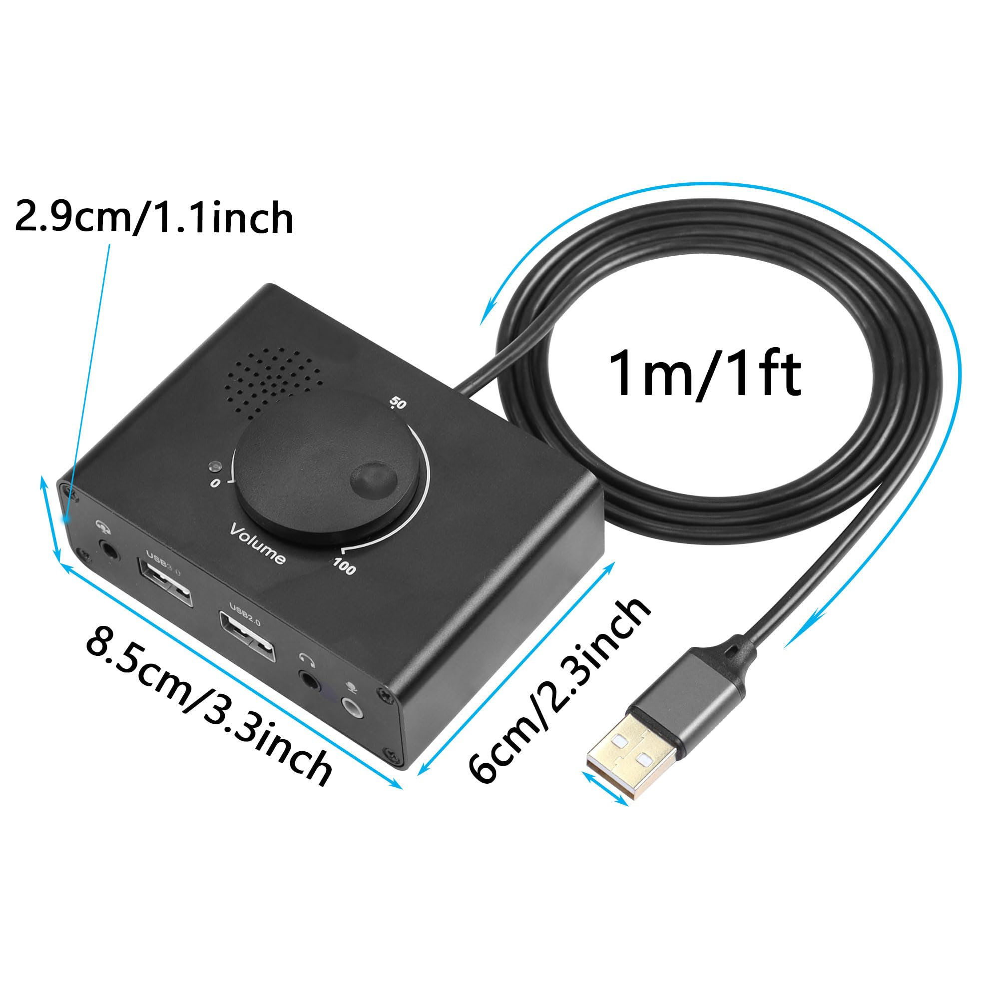 Schwarzes Audiogerät mit Lautstärkeregler, USB-Anschlüssen und einem angeschlossenen schwarzen Kabel mit USB-Anschluss.