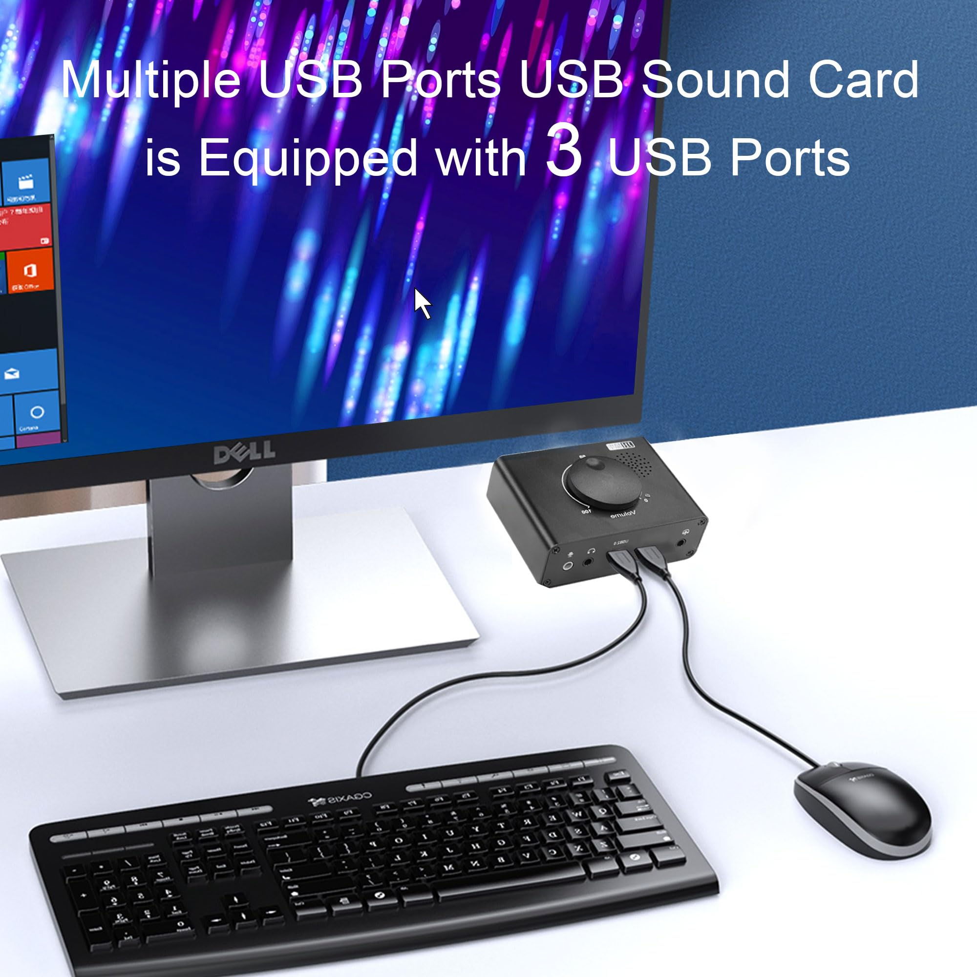 Ein Computer-Setup mit Monitor, Soundkarte, Tastatur und Maus. Auf dem Bildschirm steht 'Multiple USB Ports'.
