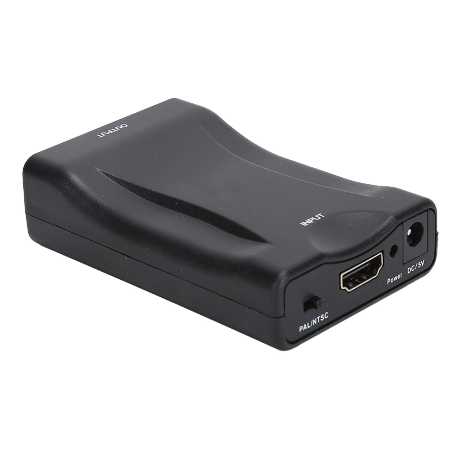 Ein schwarzer HDMI-Konverter mit Eingangs- und Ausgangsanschlüssen, einem Stromanschluss und einem PAL/NTSC-Schalter.