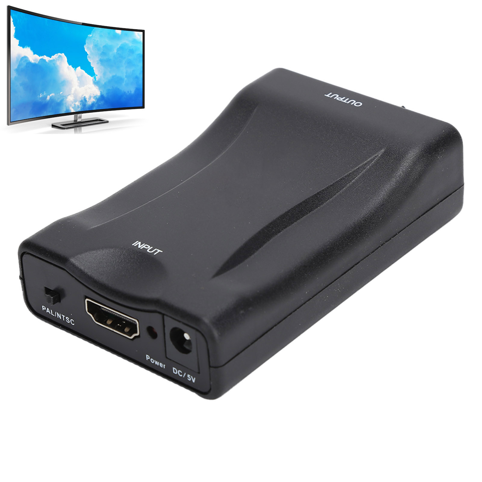 Schwarzer HDMI-Konverter mit Eingangs-/Ausgangsbeschriftung, Stromanschluss und einem TV mit Wolken.