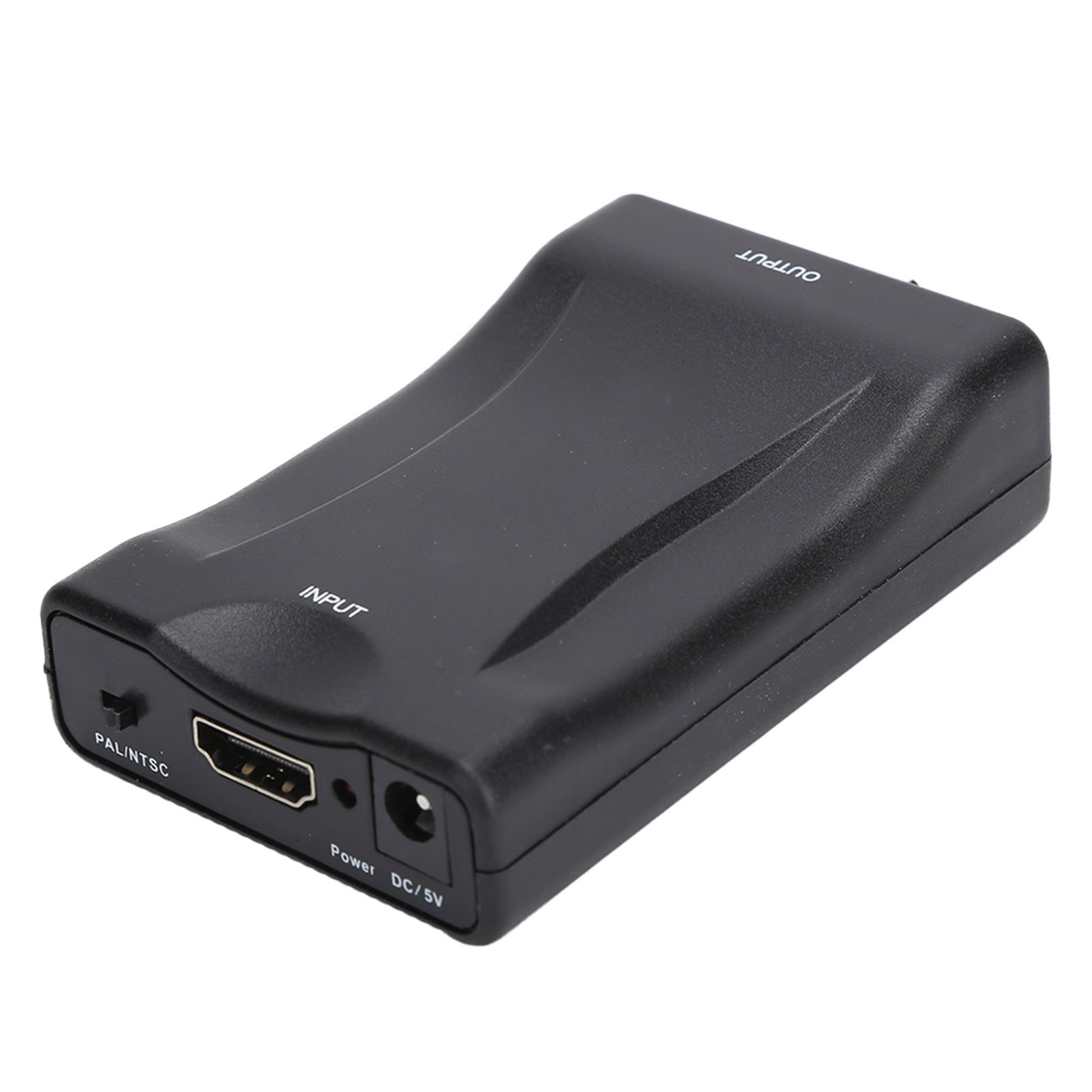 Ein schwarzer HDMI-Adapter mit Eingangs- und Ausgangsbezeichnungen. Er hat Anschlüsse für Strom und Video. Das Gerät befindet sich auf einer weißen Oberfläche.