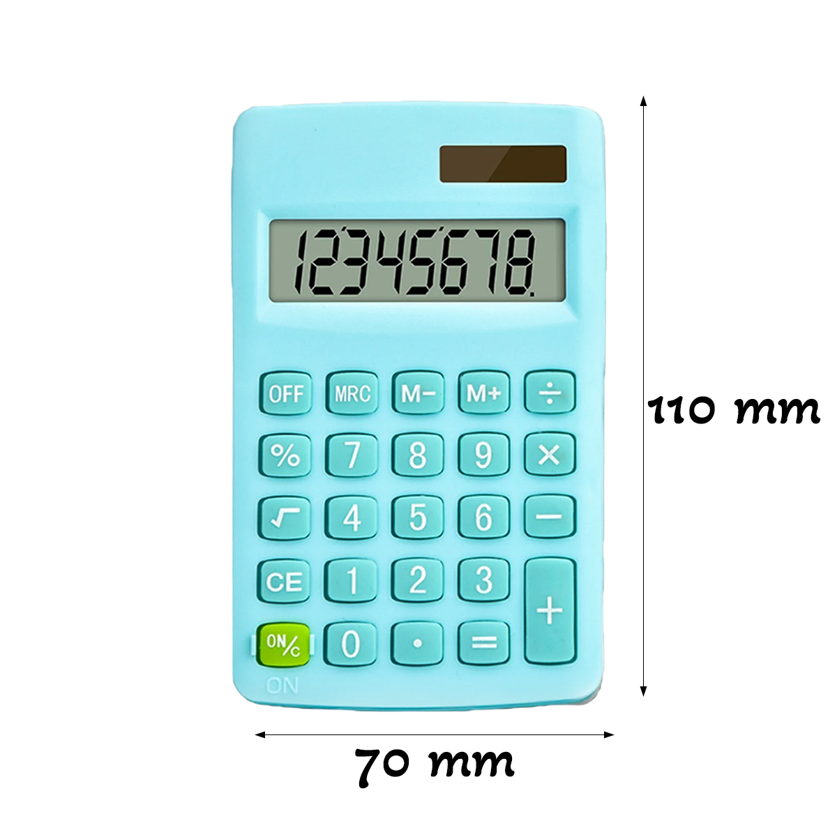 Ein hellblauer Taschenrechner zeigt die Zahl 12345678 an. Er hat Tasten, Rechensymbole und die Maße 70x110mm.