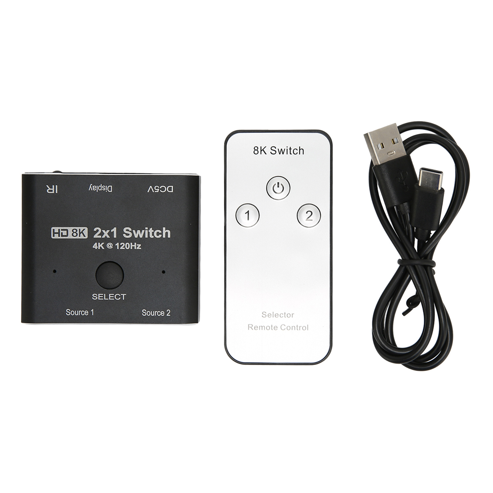 Schwarzer 8K 2x1 Switch, weiße Fernbedienung und schwarzes USB-Kabel auf weißem Hintergrund.