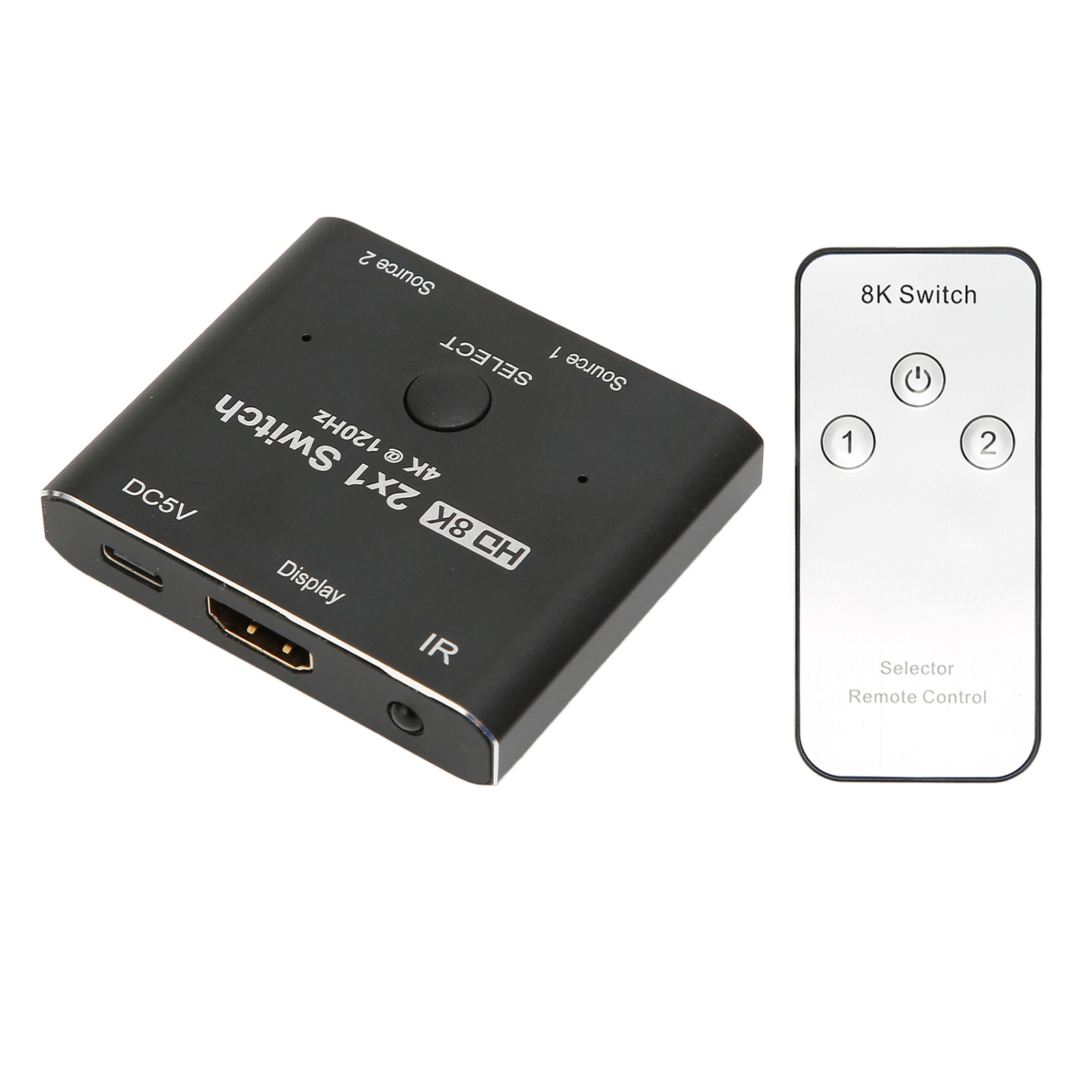 Schwarzer 8K 2x1 Switch mit Fernbedienung. Der Switch hat HDMI-Anschlüsse und einen Stromeingang. Die Fernbedienung hat Tasten.