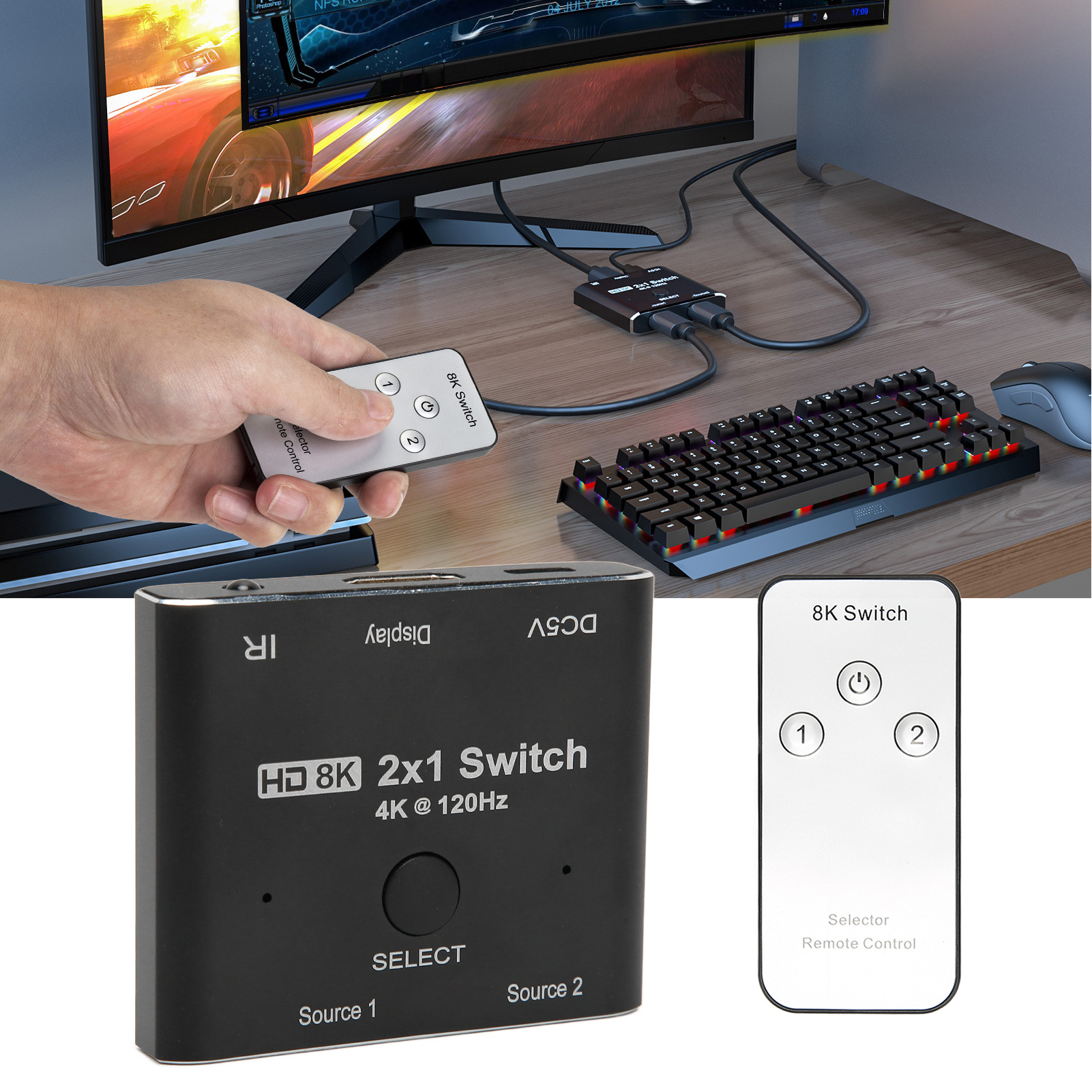 Eine Hand, die eine Fernbedienung für einen 8K-Schalter hält. Eine schwarze Tastatur und Maus sind sichtbar. Ein Monitor ist im Hintergrund.