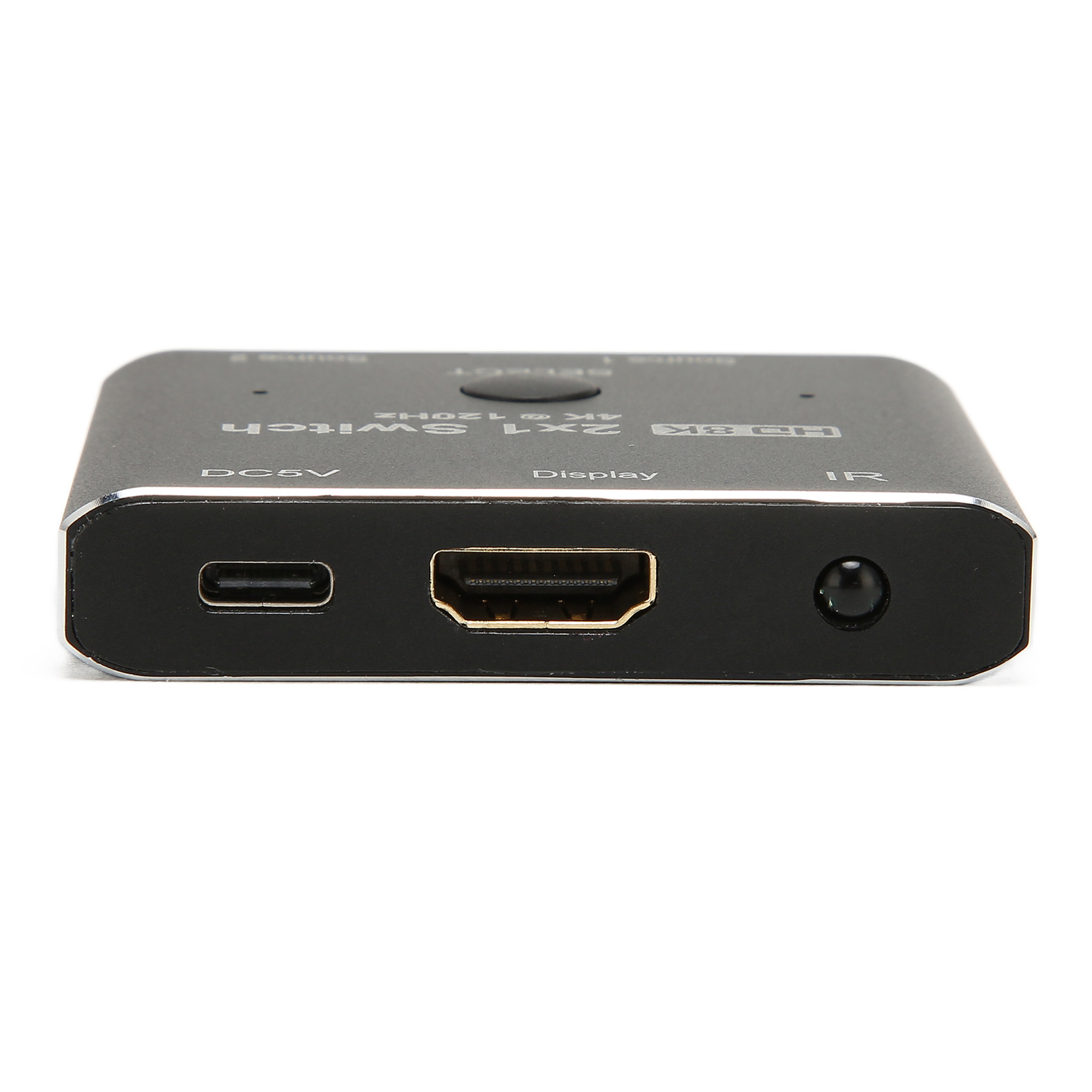Ein schwarzer HDMI-Switch mit den Anschlüssen 'Display', 'IR' und 'DC5V' auf weißem Hintergrund.