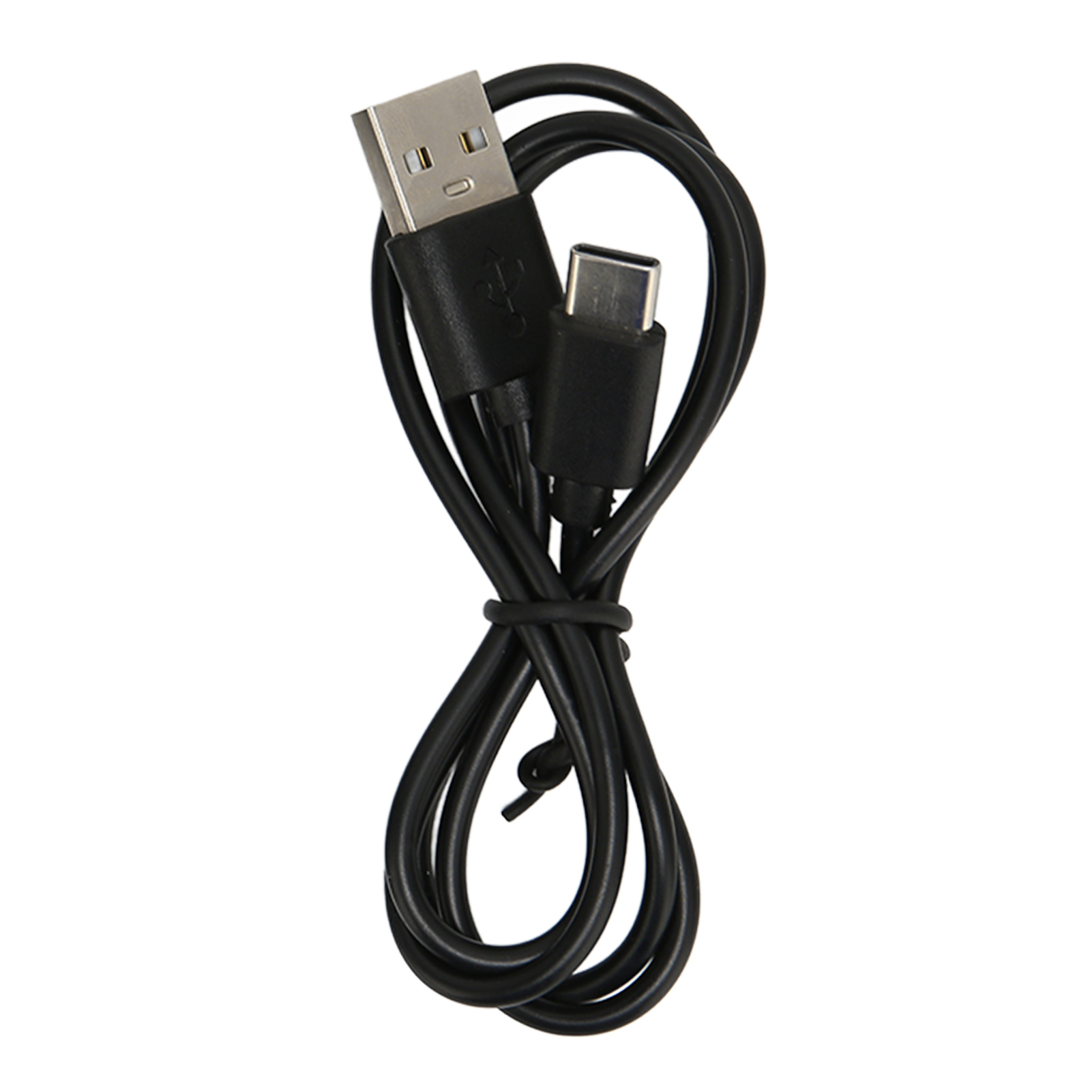 Ein schwarzes USB-Kabel mit USB-A- und USB-C-Anschlüssen. Das Kabel ist aufgerollt und vor weißem Hintergrund verknotet.