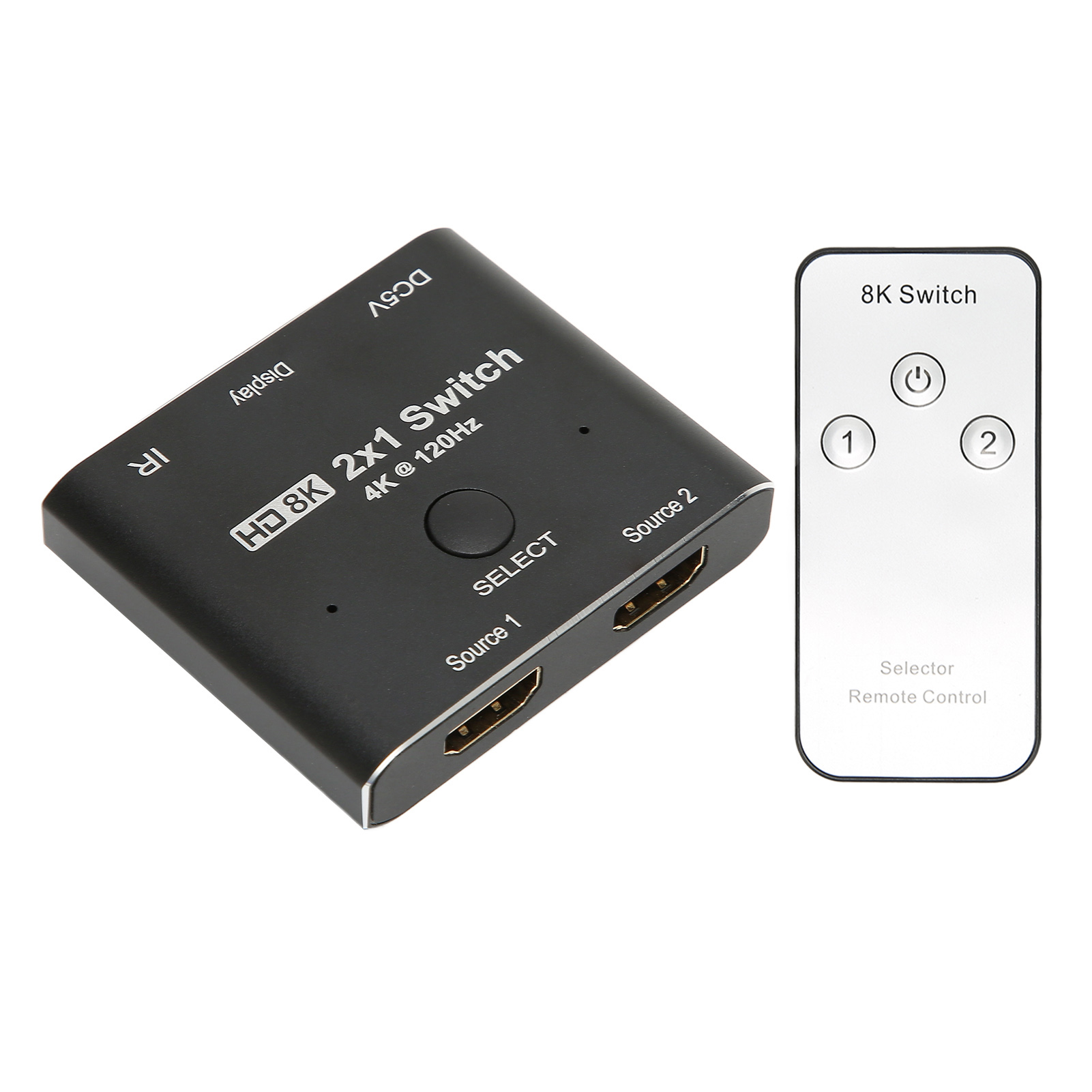 Ein schwarzer 8K 2x1-Schalter mit Fernbedienung. Der Schalter hat HDMI-Anschlüsse und eine Auswahltaste. Die Fernbedienung hat Ein-/Aus- und Quellwahltasten.