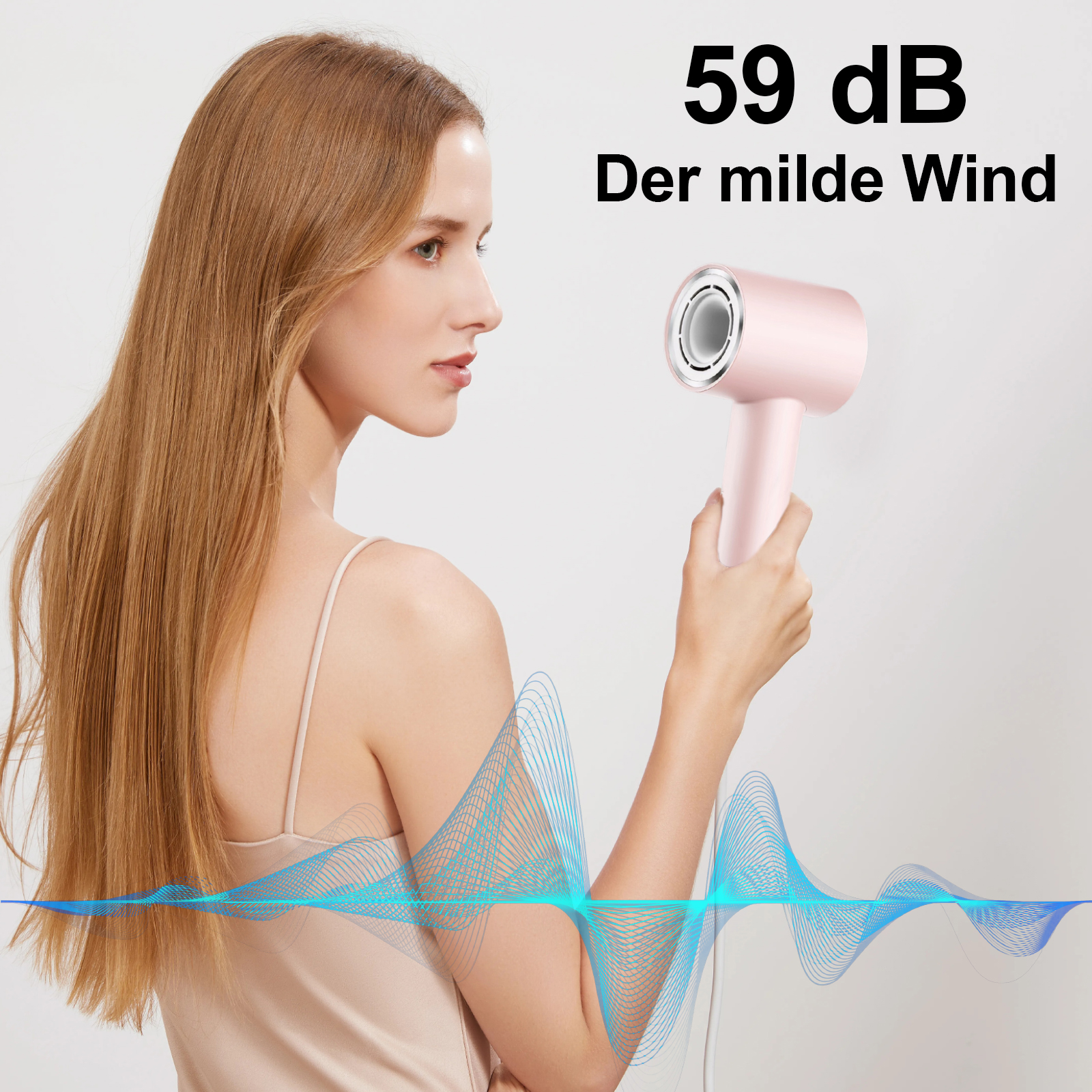 Eine Frau hält einen rosa Haartrockner. Der Hintergrund ist weiß mit Text. Blaue Wellenlinien sind im Vordergrund.