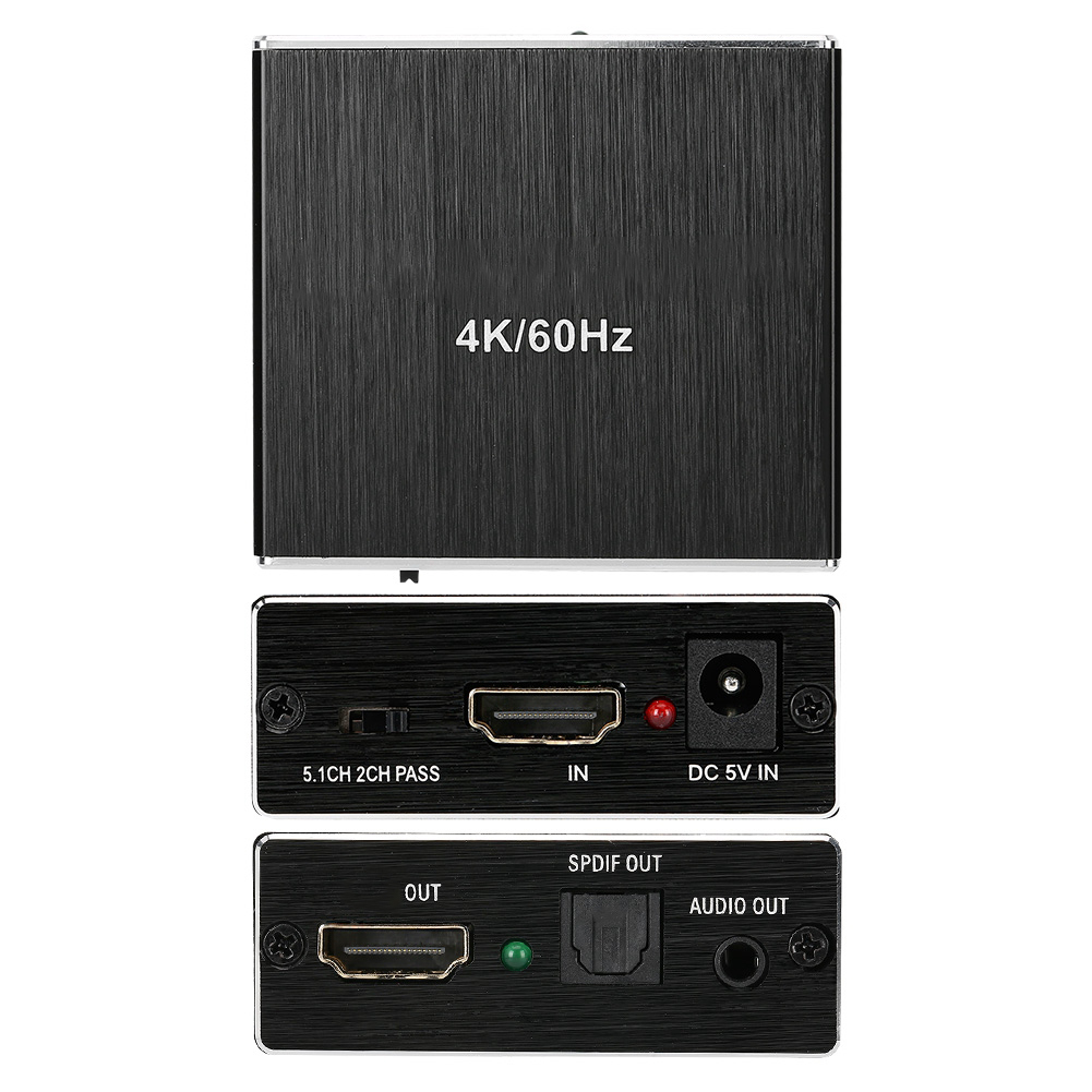 Schwarzes elektronisches Gerät mit 4K/60Hz, HDMI-Anschlüssen und Beschriftungen wie 'IN', 'OUT' und 'DC 5V IN'. Es hat rote und grüne Kontrollleuchten.