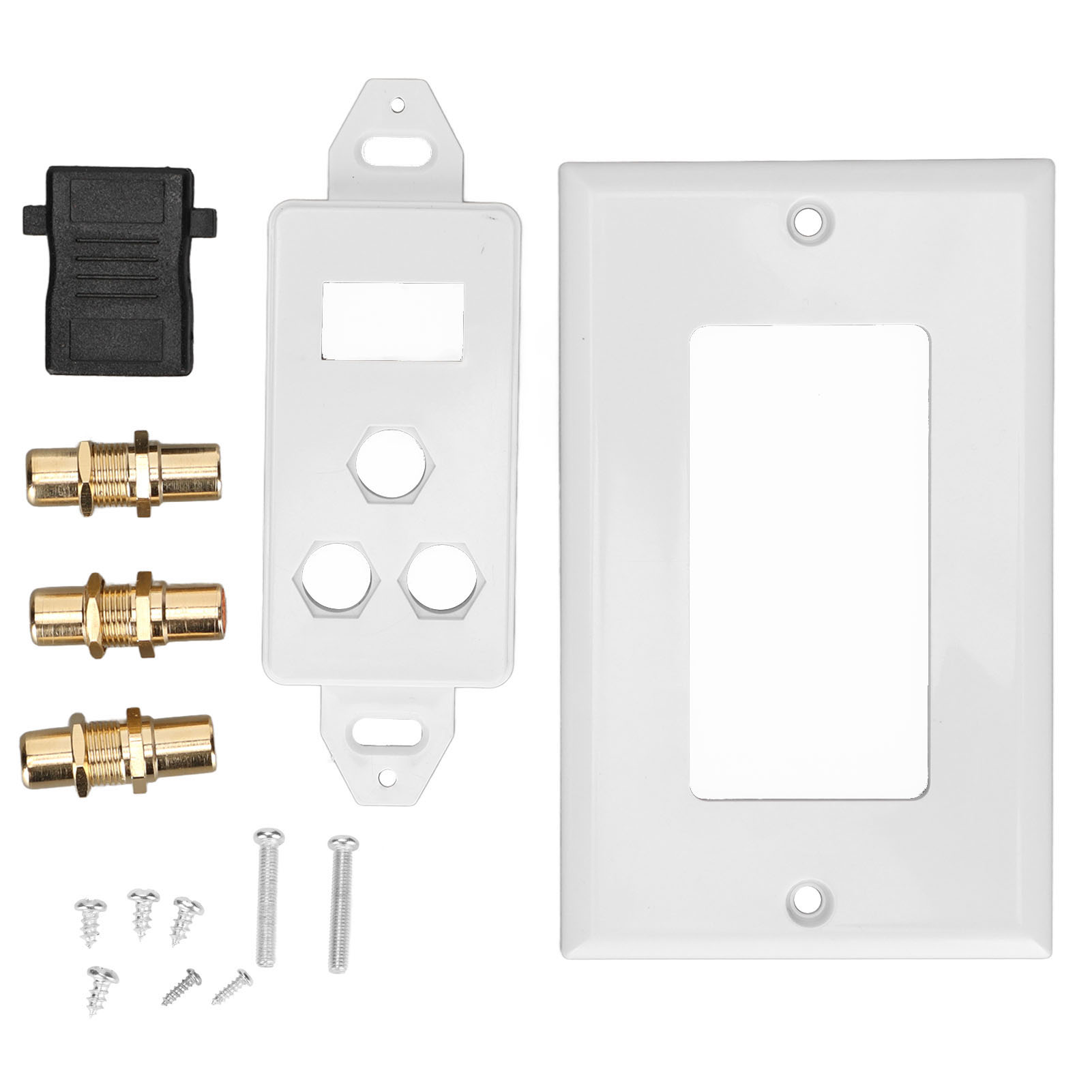 Verschiedene elektrische Komponenten, darunter ein schwarzer Stecker, goldfarbene Anschlüsse, Schrauben und weiße Blenden.