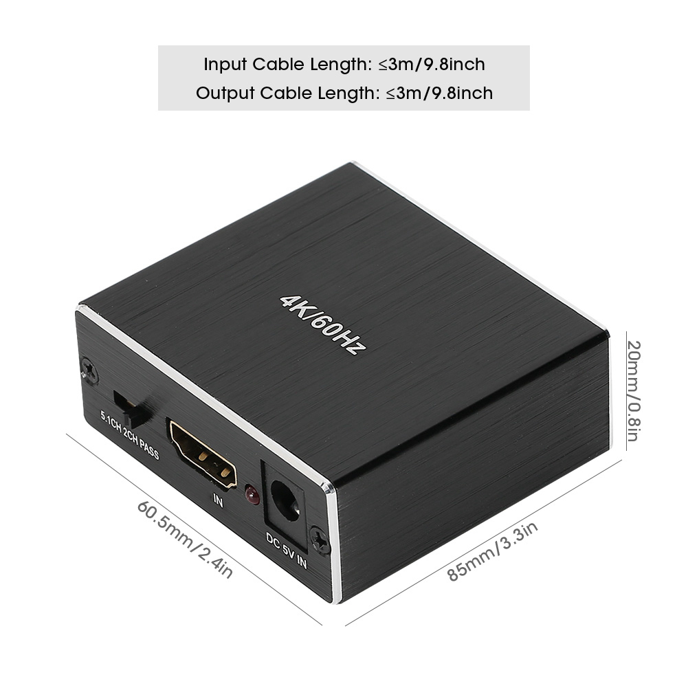 Schwarzes HDMI-Gerät mit Text '4K/60HZ', 'IN' und Abmessungen. Text oben erwähnt Kabellängen.