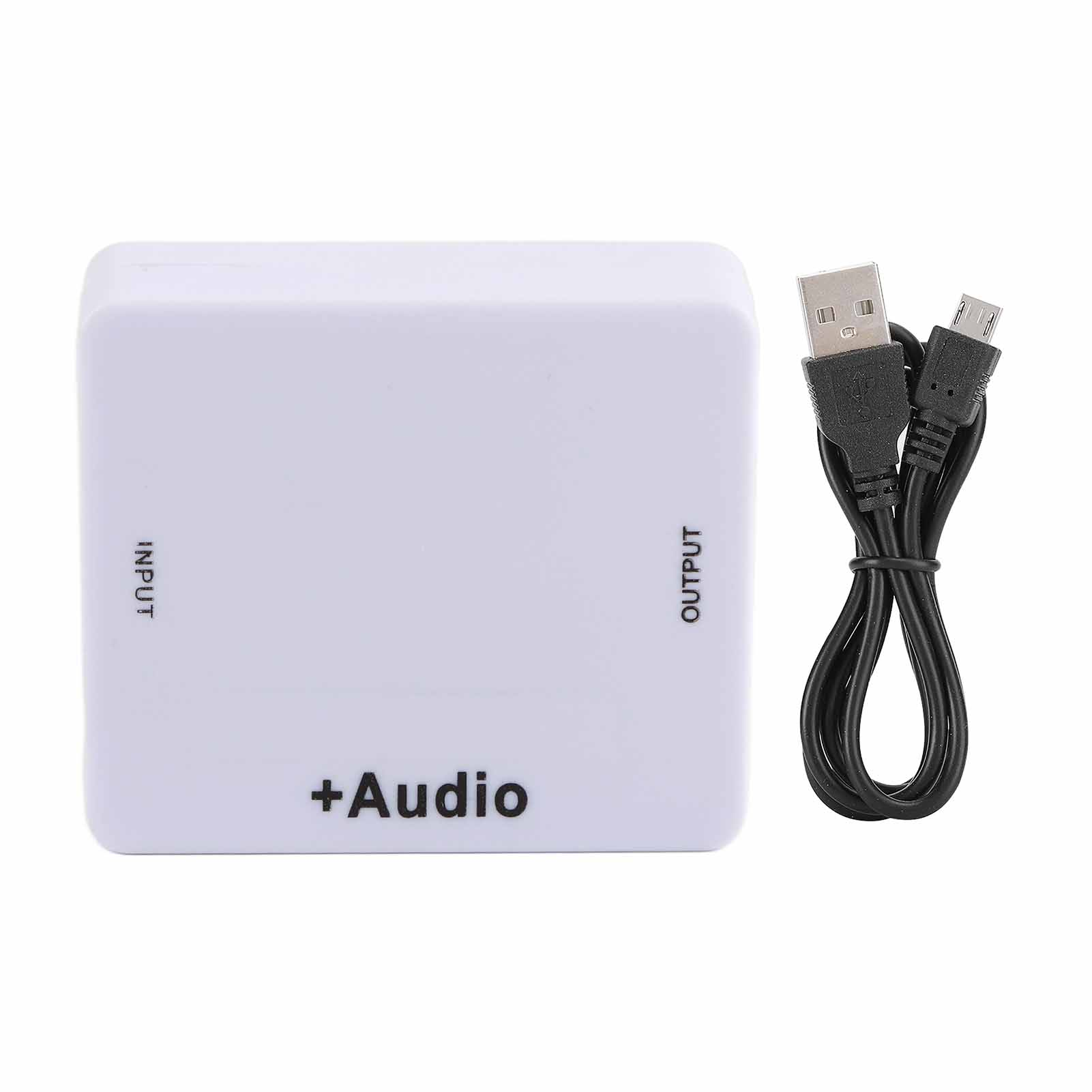 Weißer Audioadapter mit Eingangs- und Ausgangsbezeichnungen und schwarzem USB-Kabel.