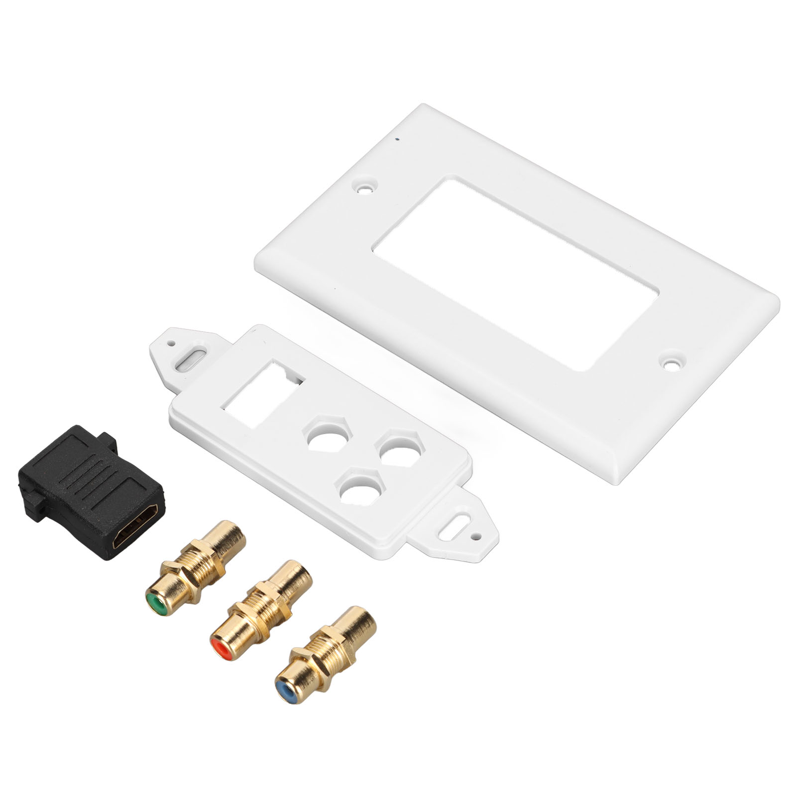 Weiße Wandplatten, HDMI-Adapter und Cinch-Anschlüsse. Komponenten für elektrische Anschlüsse, angeordnet auf weißem Untergrund.