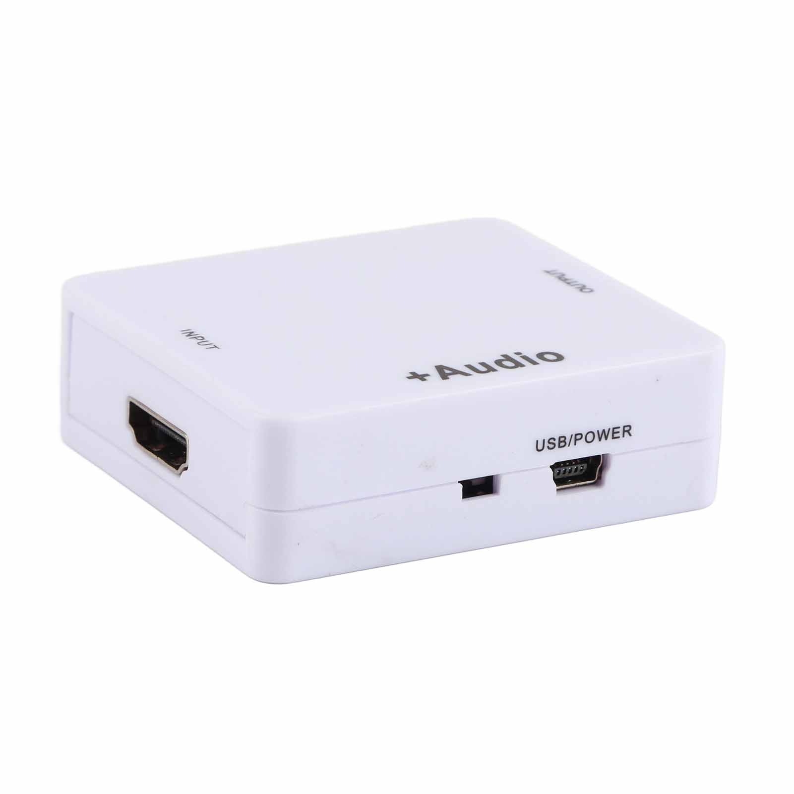 Weißer HDMI-Audio-Konverter. Hat Eingangs- und Ausgangsanschlüsse. Es hat einen USB/Power-Anschluss und einen HDMI-Eingang.