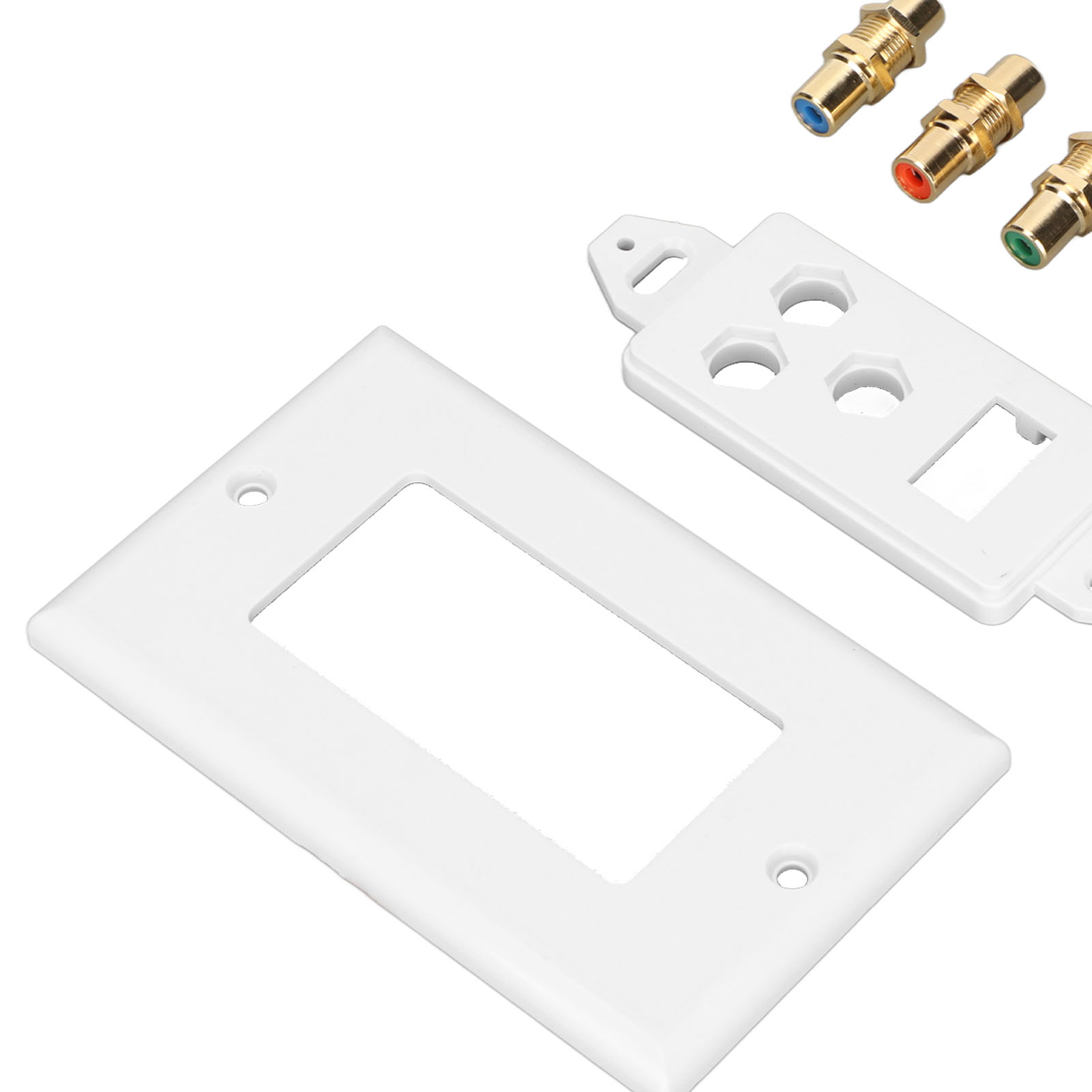 Weiße Wandplatte mit rechteckiger Öffnung, eine kleinere Platte mit Löchern und goldfarbene RCA-Anschlüsse mit farbigen Ringen.