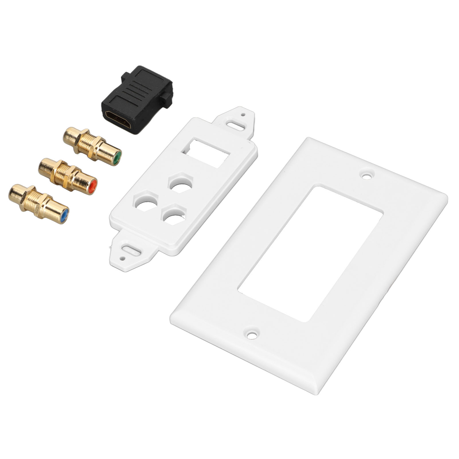 Weiße Steckdosenabdeckungen und -anschlüsse. Enthält HDMI-, Cinch-Anschlüsse und Blenden. Isoliert auf weißem Hintergrund.