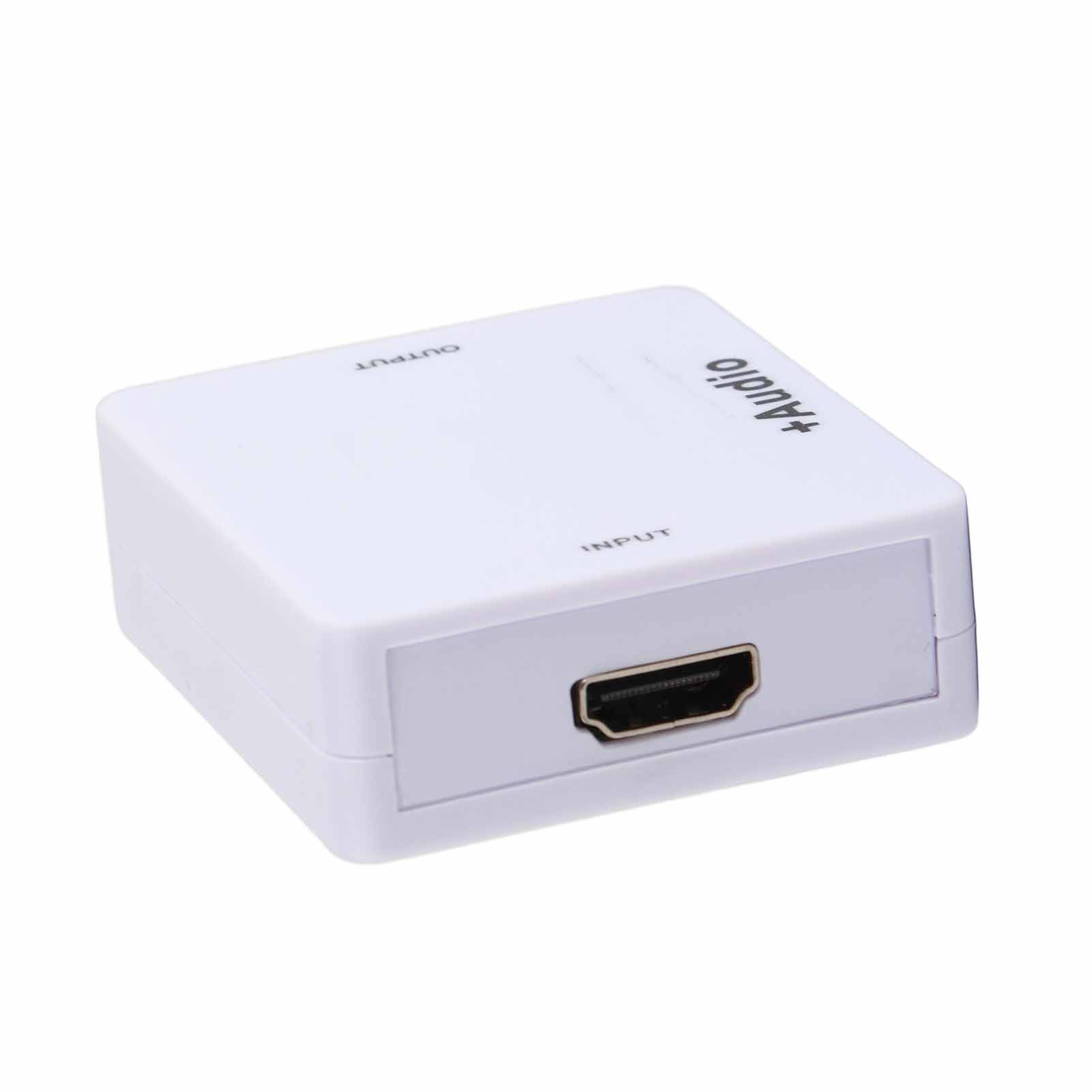 Ein weißer HDMI-zu-Audio-Adapter. Er hat einen HDMI-Anschluss und ist mit 'INPUT', 'OUTPUT' und '+Audio' beschriftet.