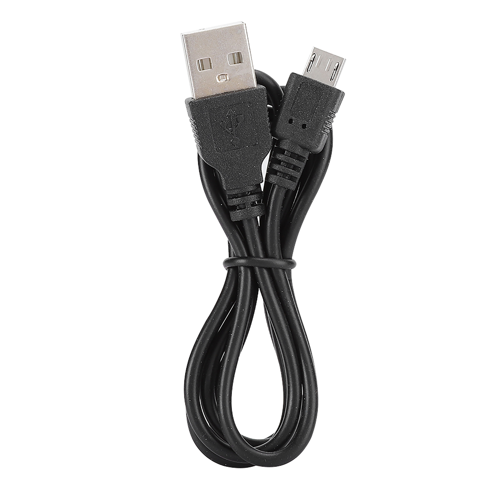 Ein schwarzes USB-Kabel mit USB-A- und Micro-USB-Anschluss wird gezeigt. Das Kabel ist vor weißem Hintergrund aufgerollt.