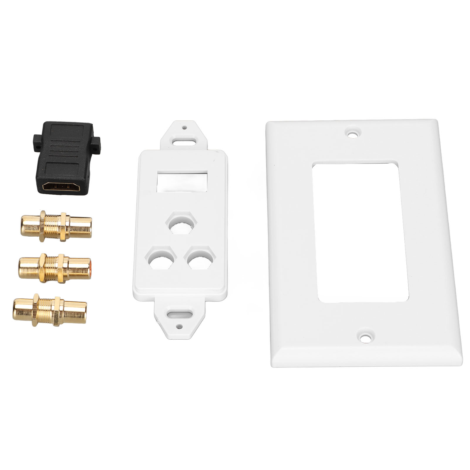 Eine Auswahl an AV-Komponenten: schwarzer HDMI-Adapter, goldene Cinch-Anschlüsse, weiße Wandplatten. Alles auf weißem Hintergrund.