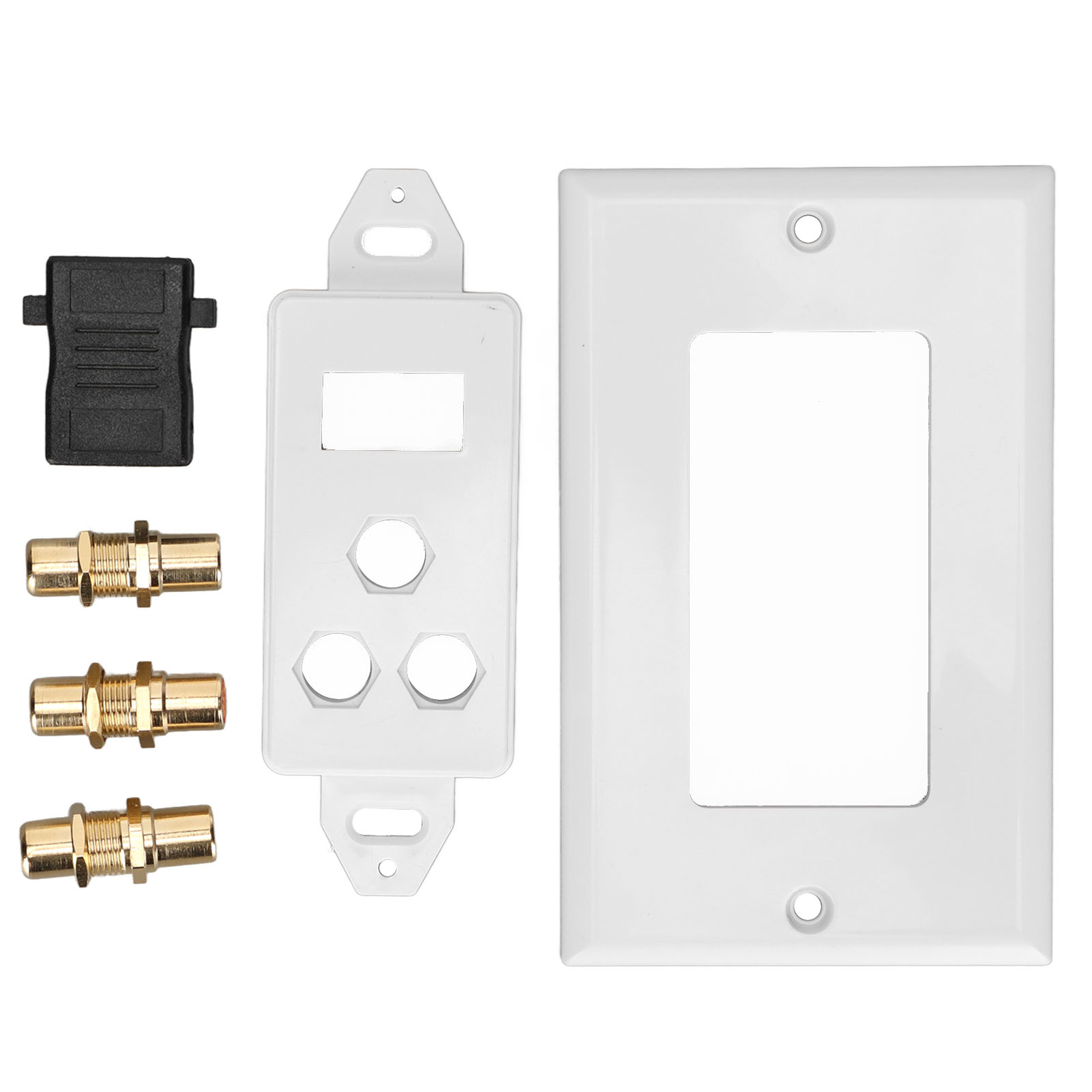 Weiße Wandplatten, ein schwarzer Stecker, drei goldene Stecker und eine weiße Frontplatte mit Löchern werden gezeigt.