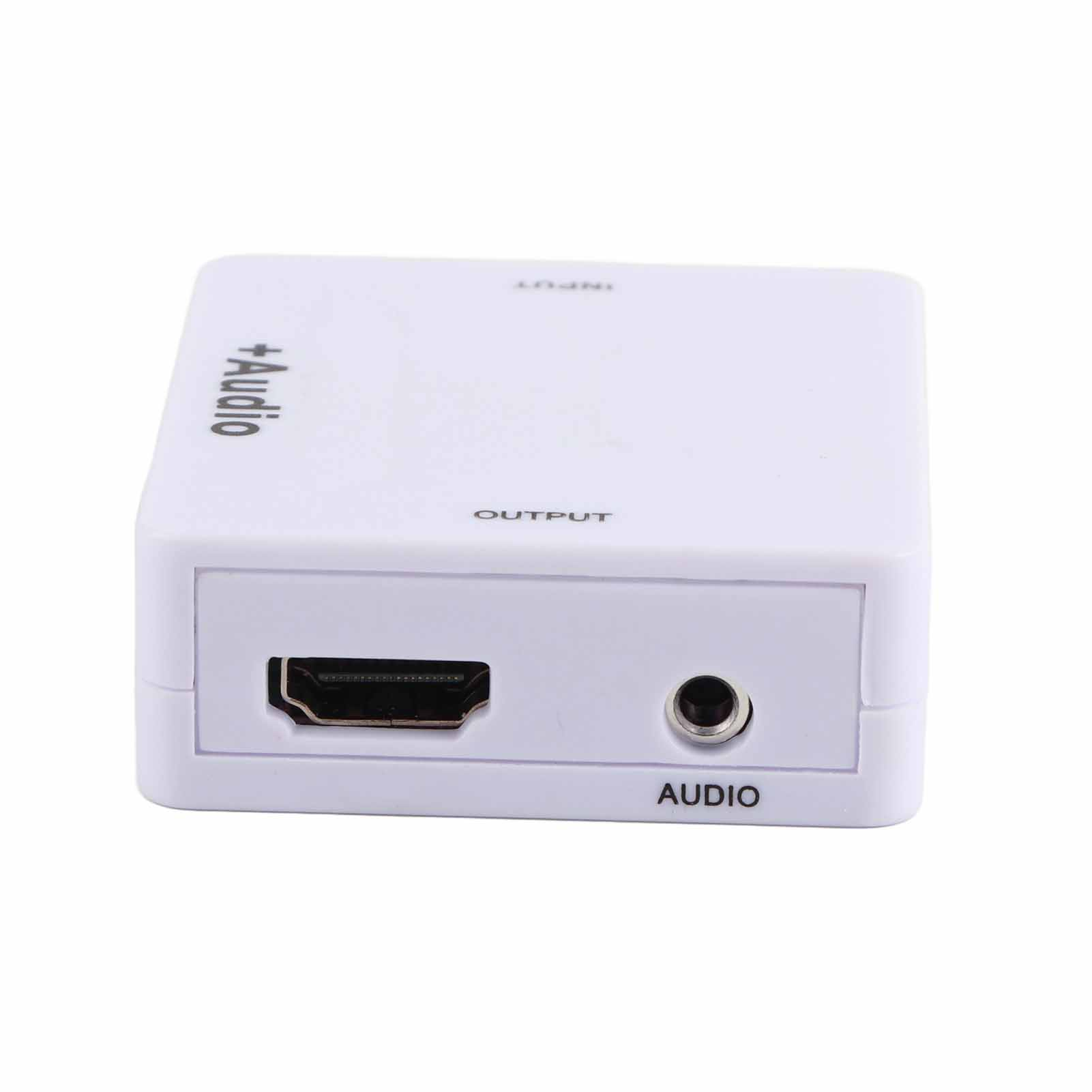 Weißer Audioadapter mit HDMI-Anschluss und Audioanschluss. Auf dem Gerät steht '+Audio', 'Output' und 'Audio'.