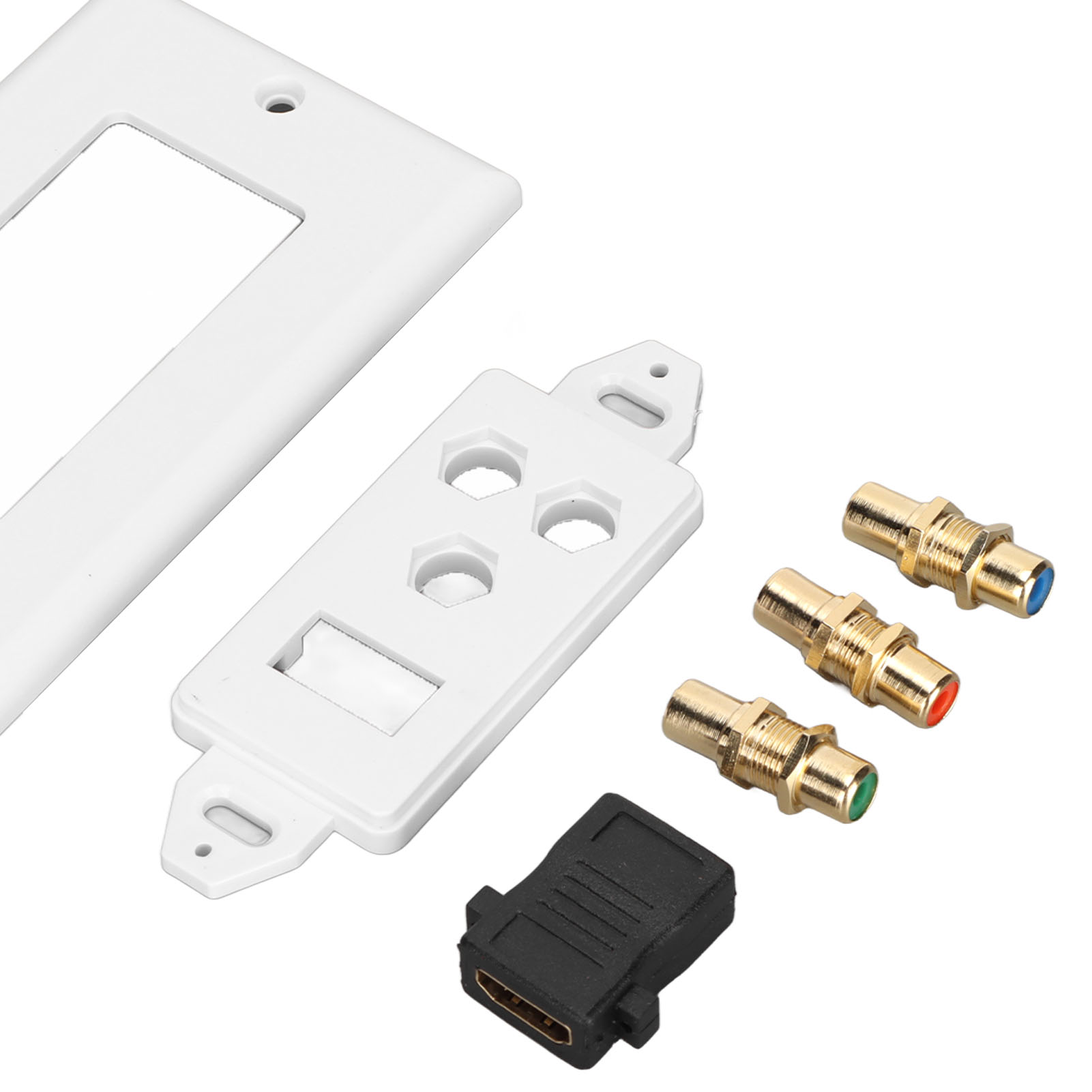 Eine Auswahl an elektrischen Komponenten, darunter weiße Wandplatten, Anschlüsse und ein schwarzer HDMI-Adapter, sind angeordnet.