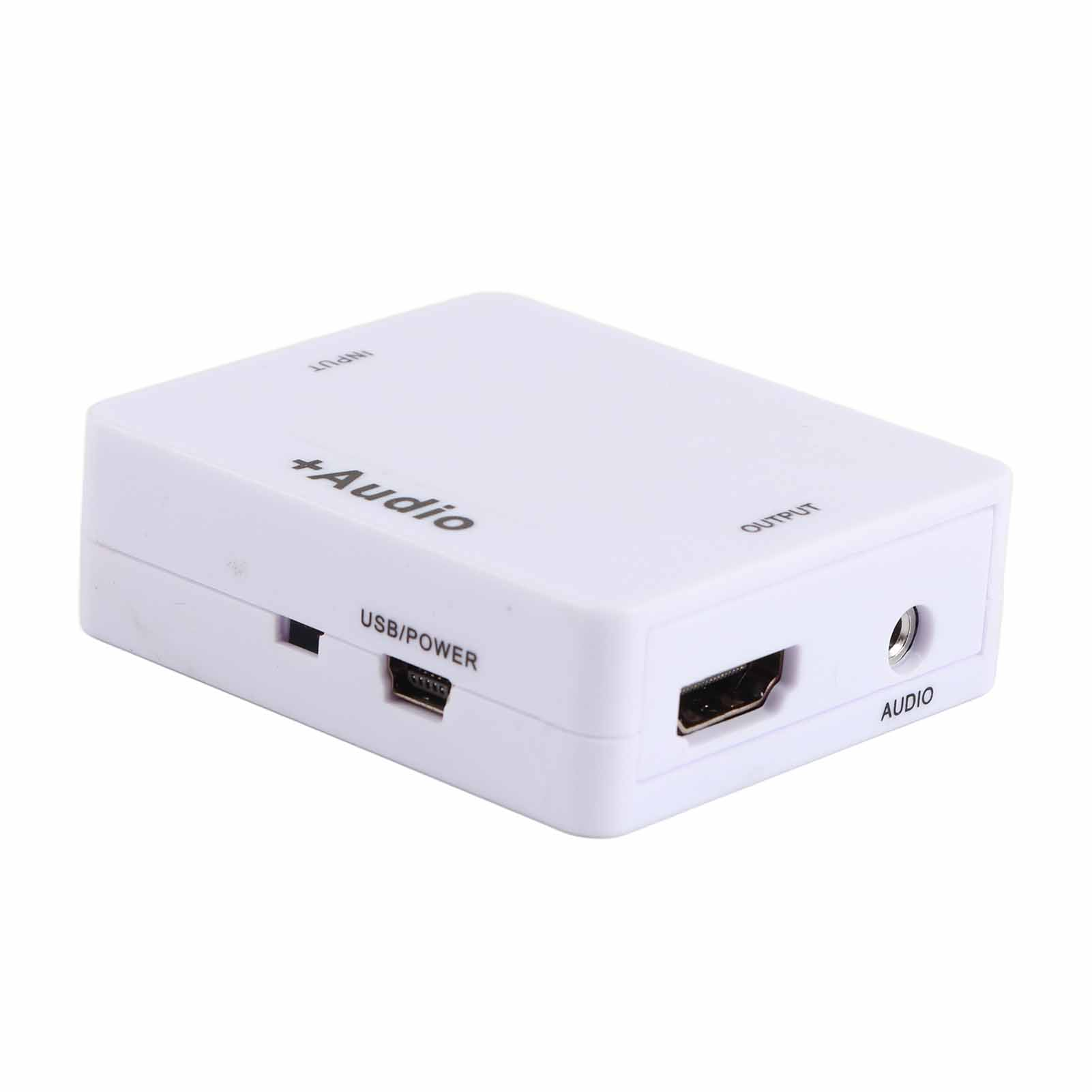Ein weißer Audioadapter mit USB/Strom, HDMI und Audioanschlüssen. Textetiketten sind 'Input', '+Audio', 'Output' und 'Audio'.