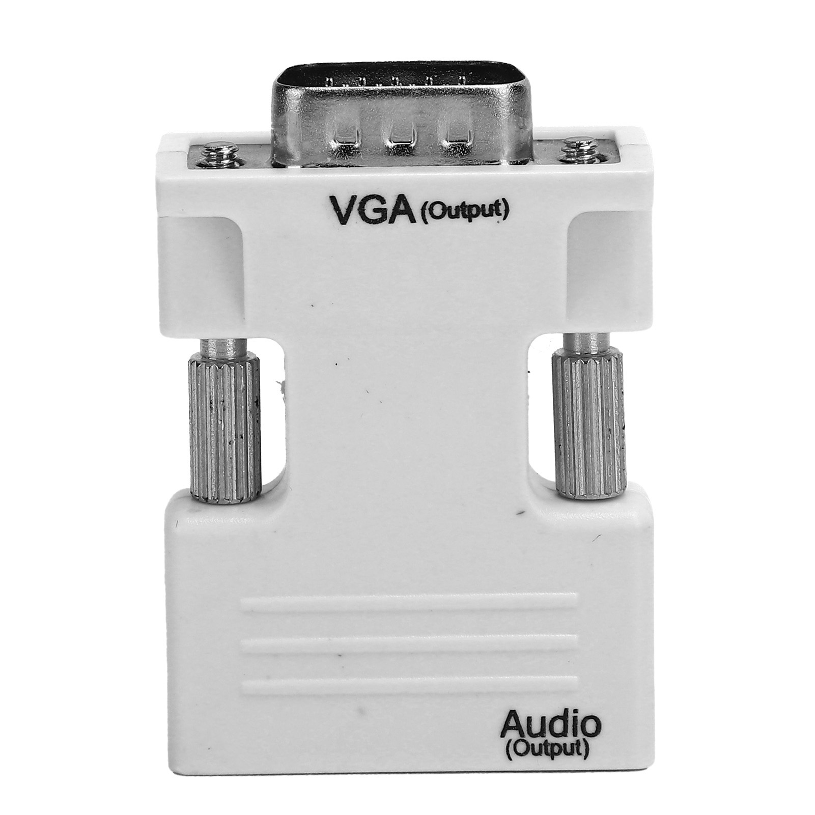 Weißer VGA-zu-Audio-Adapter. Er hat einen Metallanschluss und eine Schraube. Text zeigt den Video- und Audioausgang an.