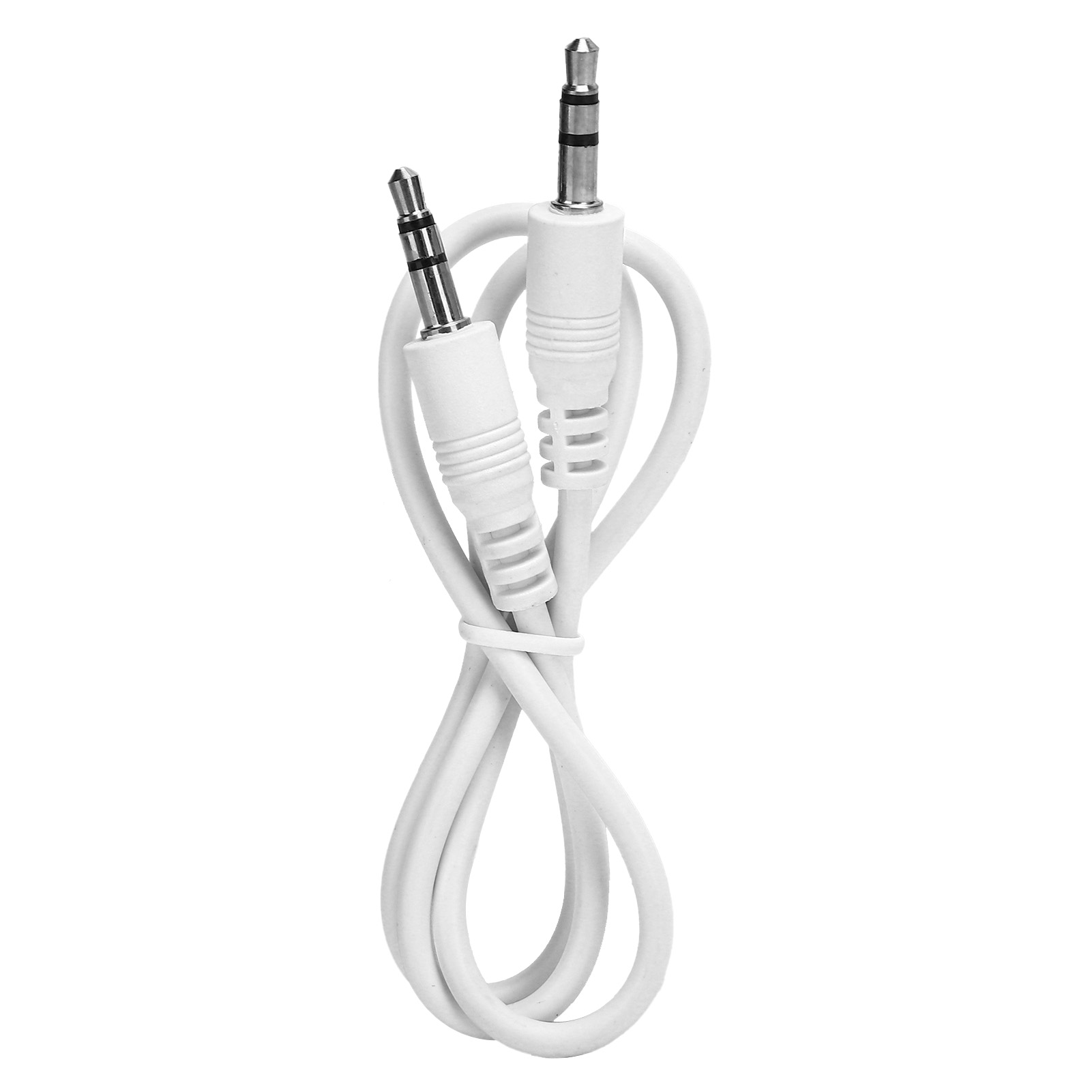 Zwei weiße Audio-Klinkenkabel auf weißem Hintergrund. Buchsen sind silberfarben. Kabel sind miteinander verflochten.