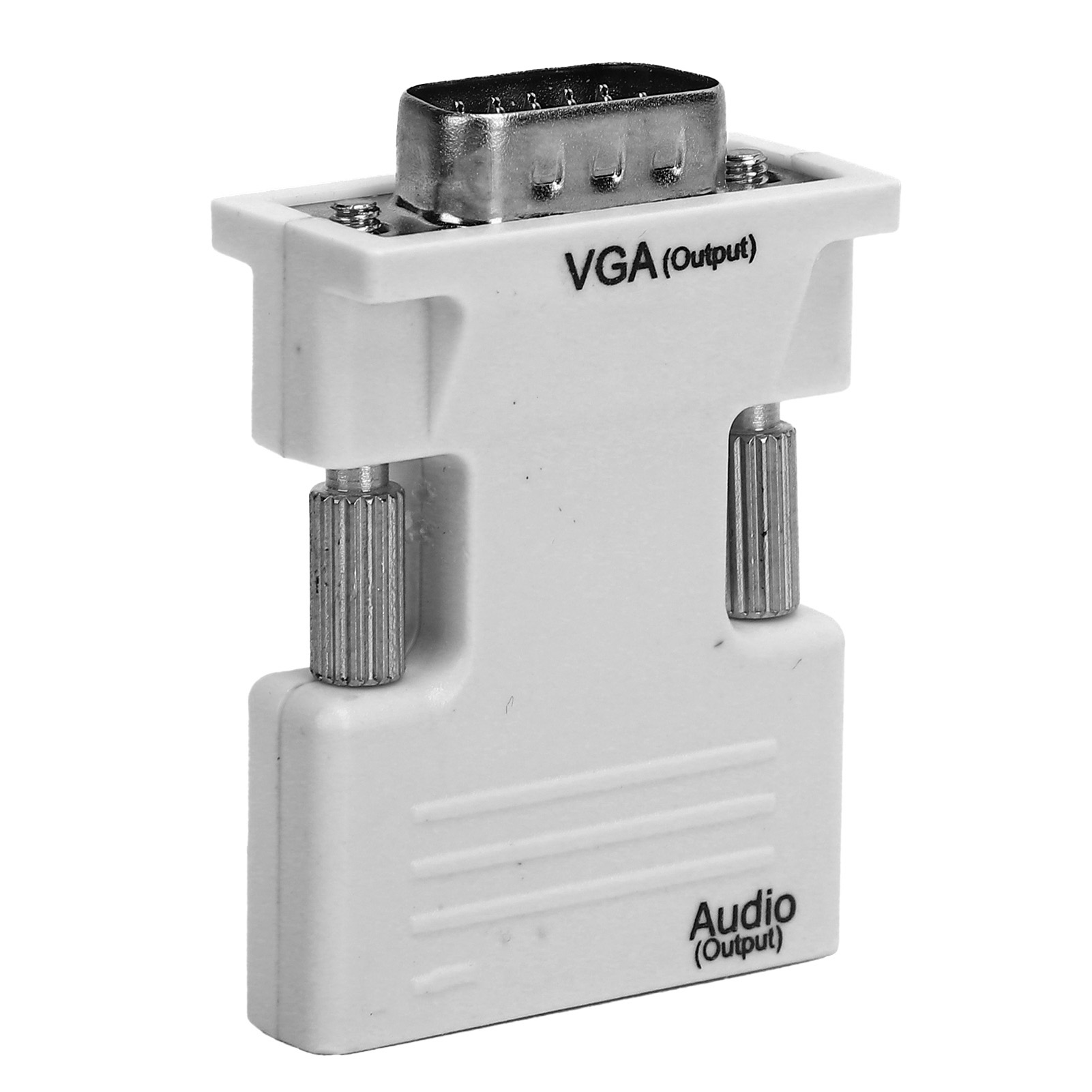 Ein weißer VGA-zu-Audio-Adapter. Er hat einen silbernen VGA-Anschluss oben und einen Audioausgang. Zwei Schrauben an der Seite.