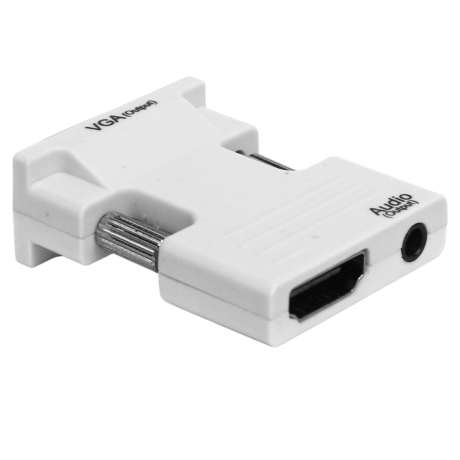 Ein weißer VGA-zu-HDMI-Adapter. Er hat einen VGA-Ausgang und einen HDMI-Eingang mit Audioausgang. Der Text 'VGA Output' ist sichtbar.