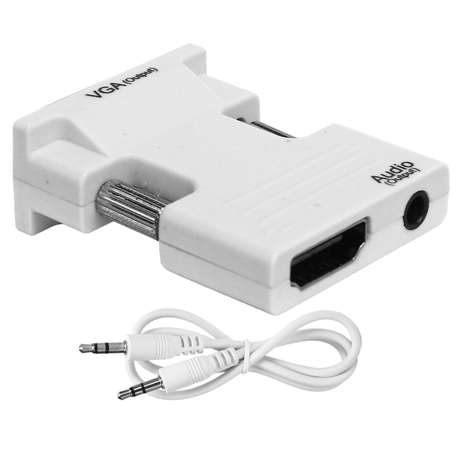 Ein weißer VGA-zu-HDMI-Adapter mit Audioausgang und ein weißes Audiokabel mit zwei Buchsen.