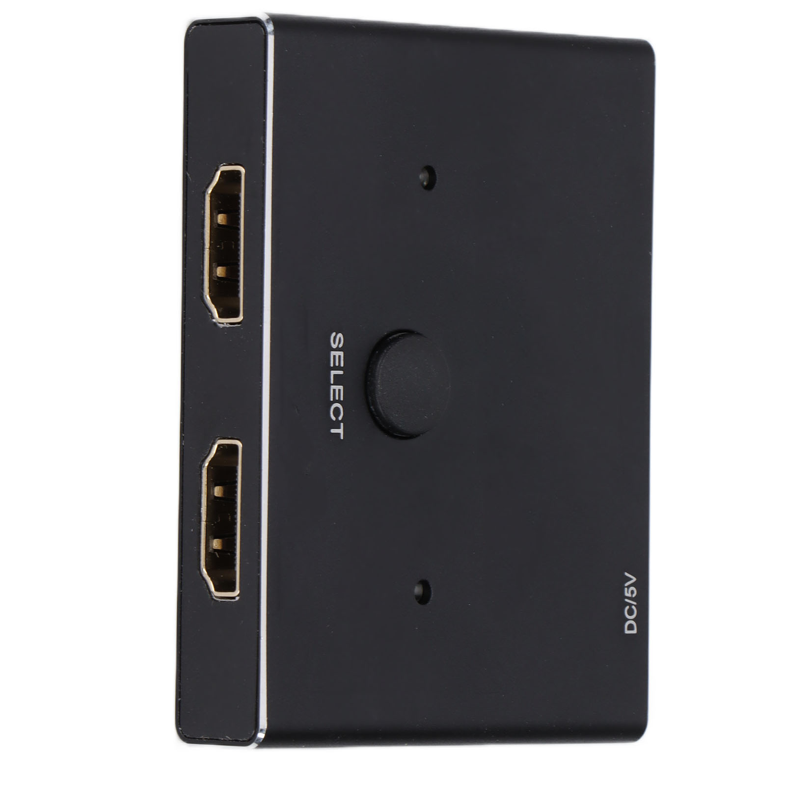 Schwarzer HDMI-Switch mit zwei Anschlüssen, einer Auswahltaste und der Aufschrift DC/5V. Zwei HDMI-Anschlüsse sind sichtbar.