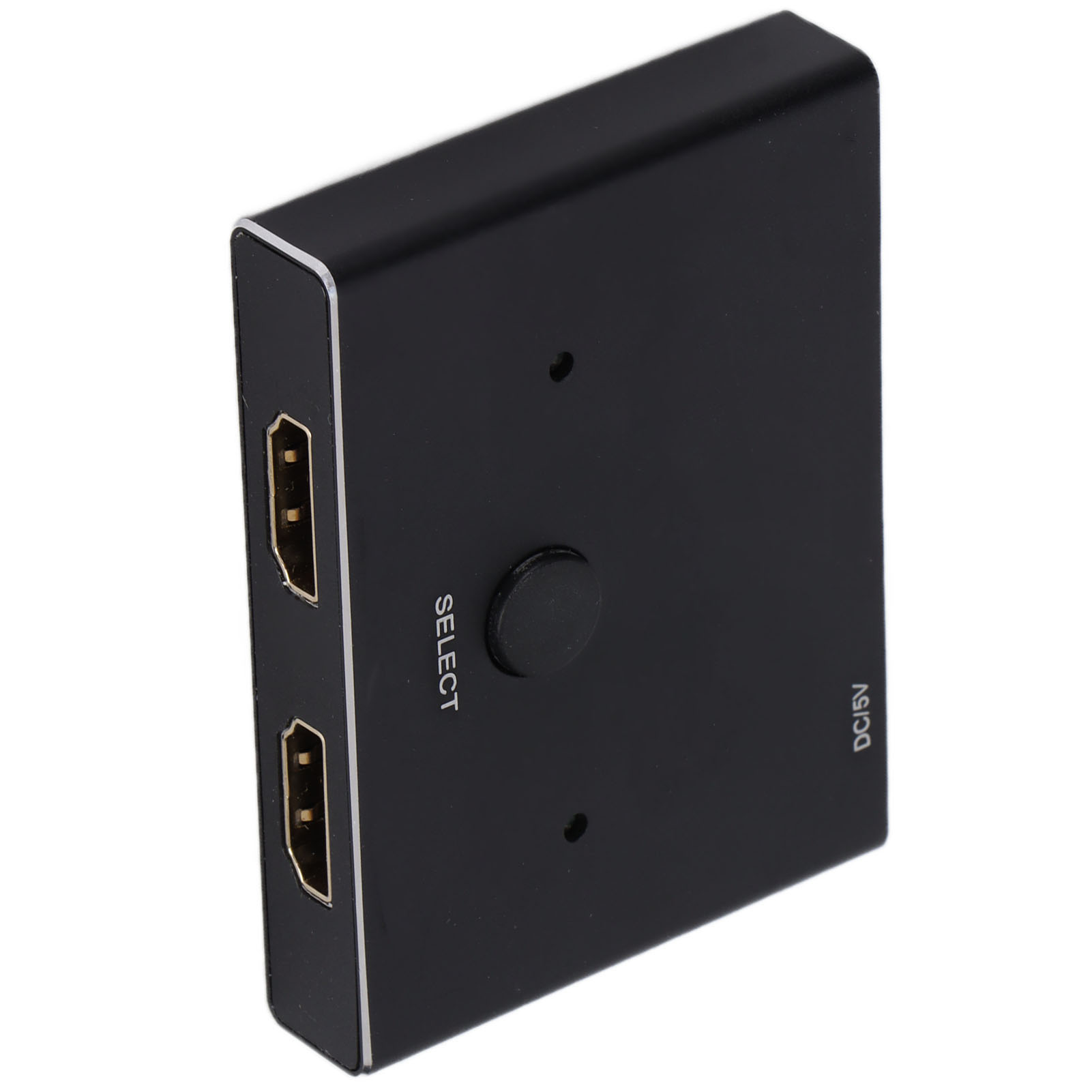 Schwarzer HDMI-Switch-Box mit zwei Eingangsanschlüssen, einer Auswahltaste und der Aufschrift DC/5V auf weißem Hintergrund.