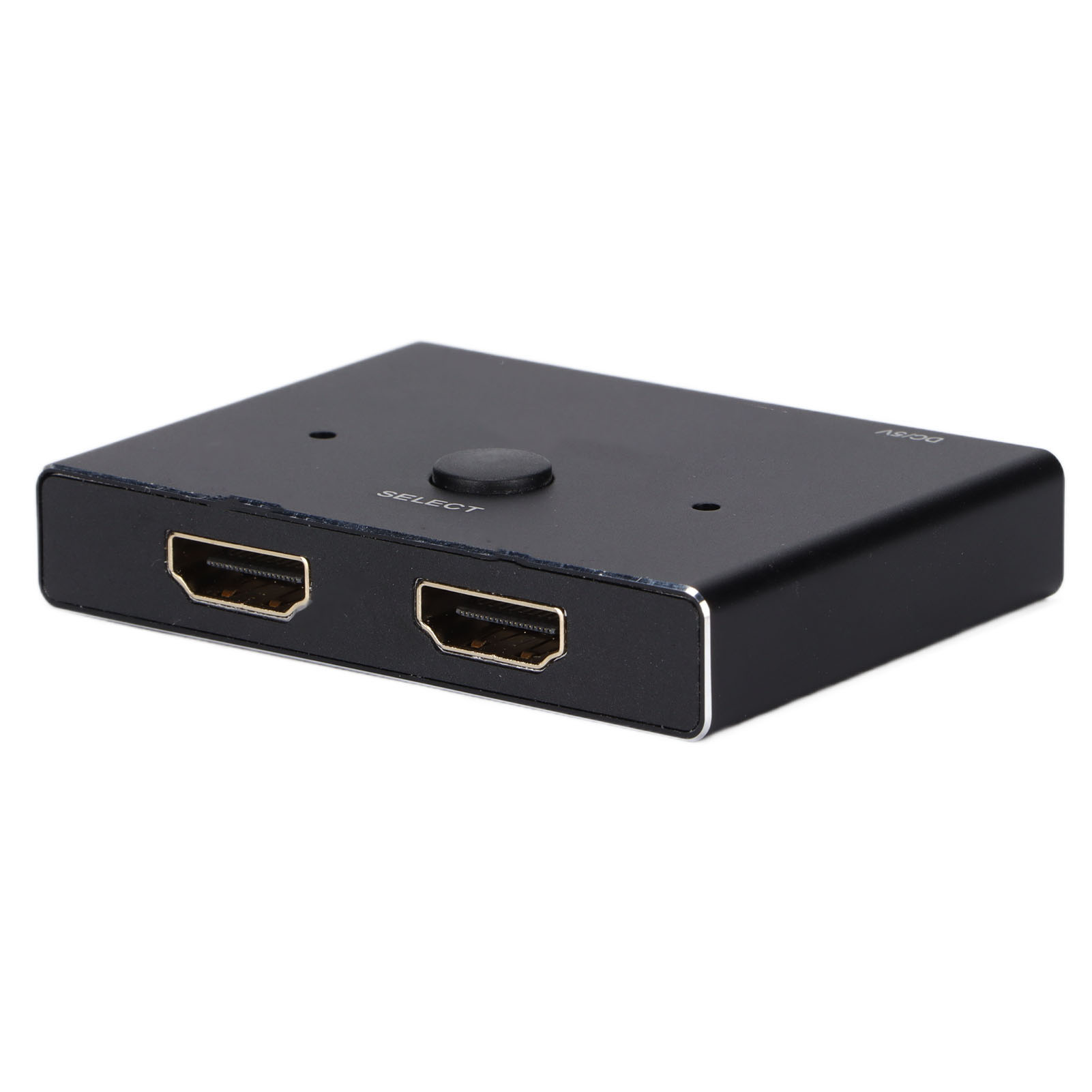Schwarzer HDMI-Switch mit zwei Eingangsanschlüssen und einer Taste mit der Aufschrift 'SELECT'. Das Gerät ist rechteckig.