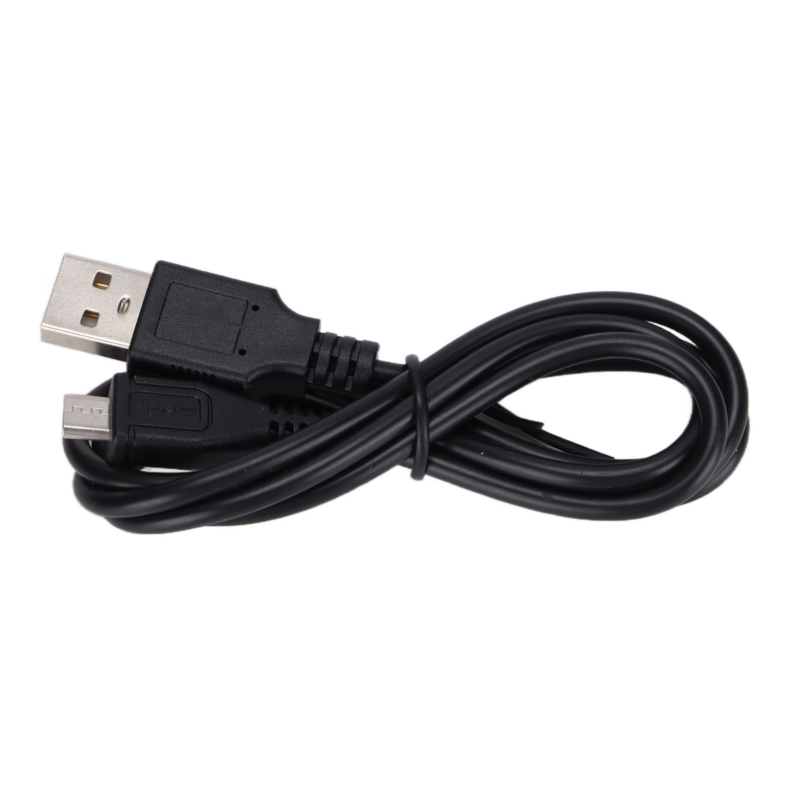 Ein schwarzes USB-Kabel ist auf weißem Hintergrund aufgerollt. Das Kabel hat einen Standard-USB-Anschluss und einen Micro-USB-Anschluss.