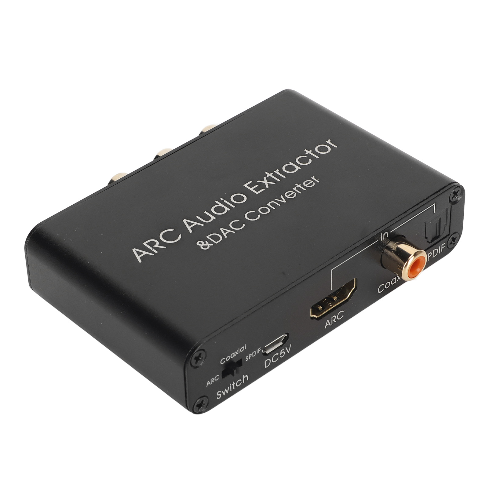 Ein schwarzer ARC Audio Extractor & DAC Converter. Es hat Anschlüsse mit den Bezeichnungen Coaxial, ARC, SPDIF und DC5V. Der Text ist weiß.