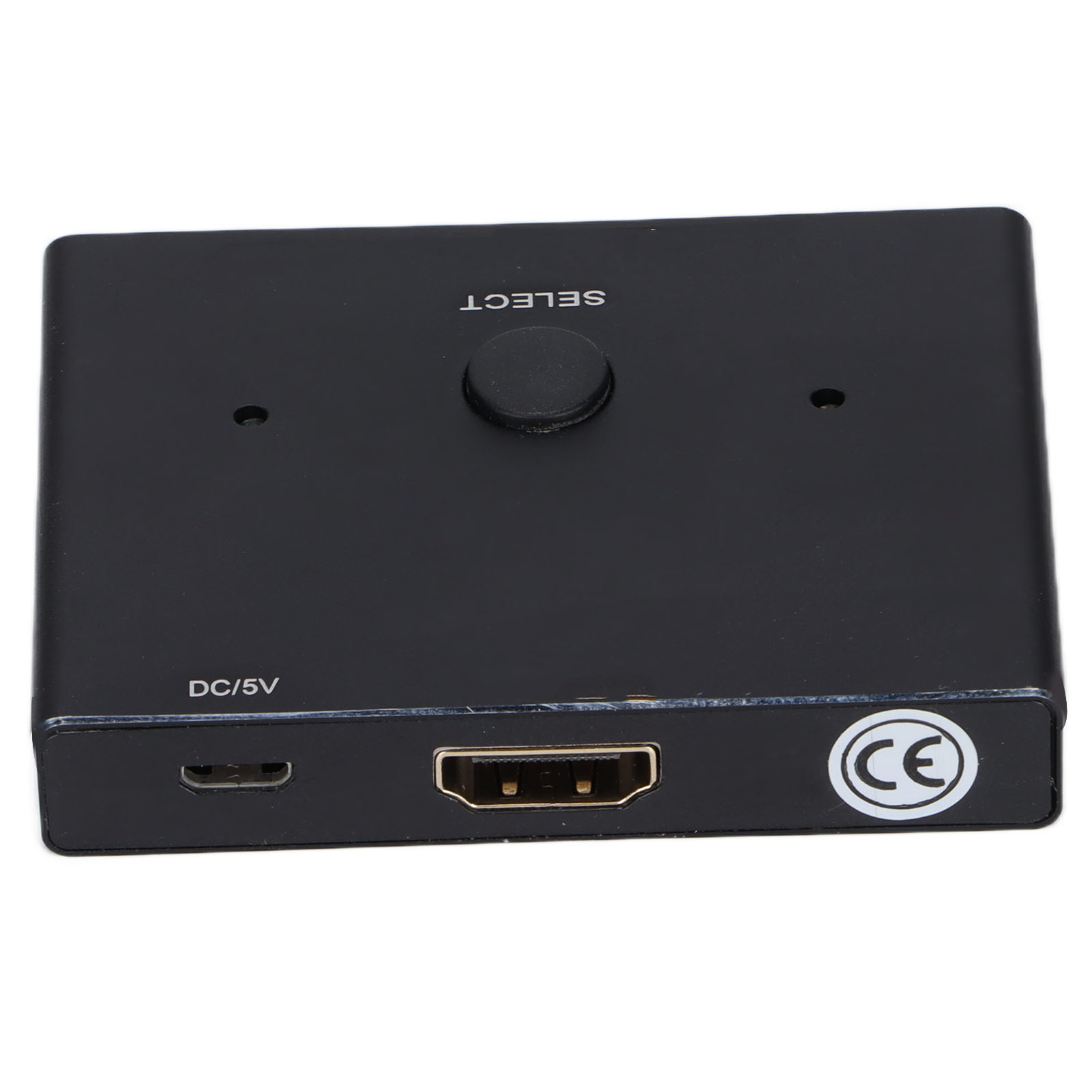 Schwarzer HDMI-Umschalter mit SELECT-Taste, USB-Anschluss und CE-Kennzeichen. Das Gerät befindet sich auf weißem Hintergrund.