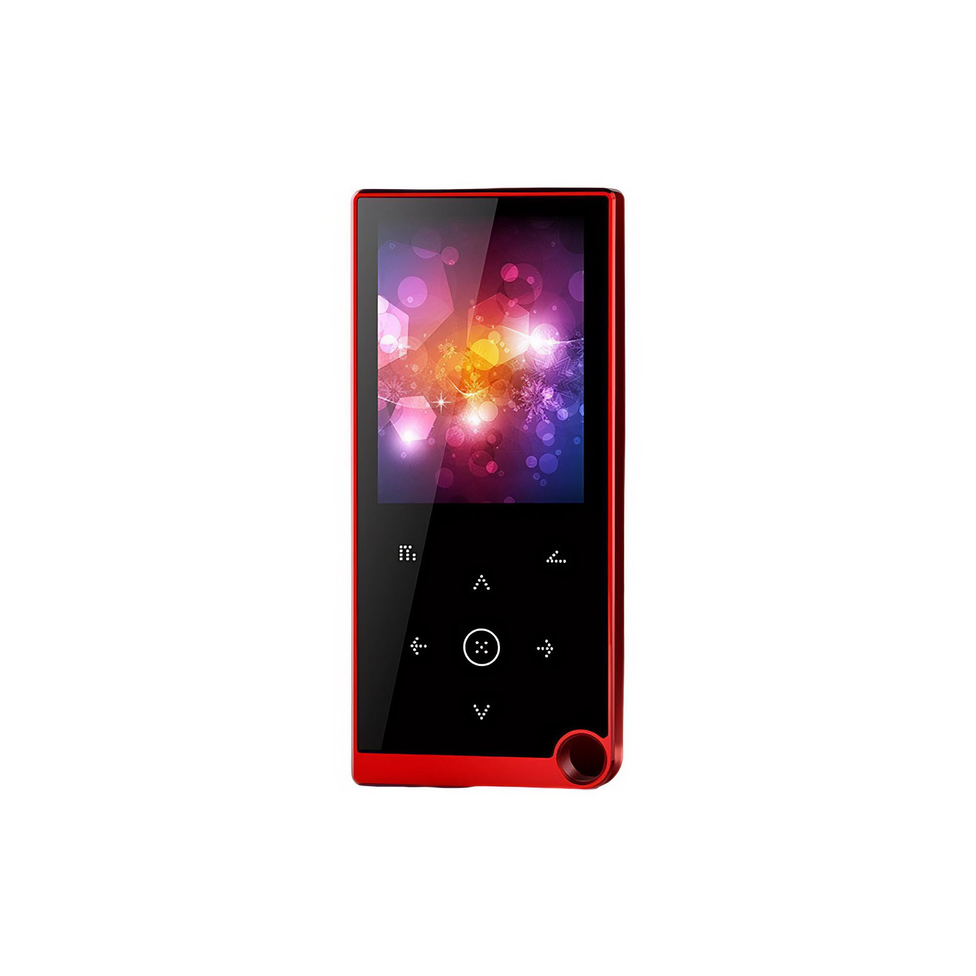 Ein roter MP3-Player mit Bildschirm, der bunte Grafiken zeigt. Er hat Steuertasten und einen roten Lautstärkeregler. Weißer Hintergrund.
