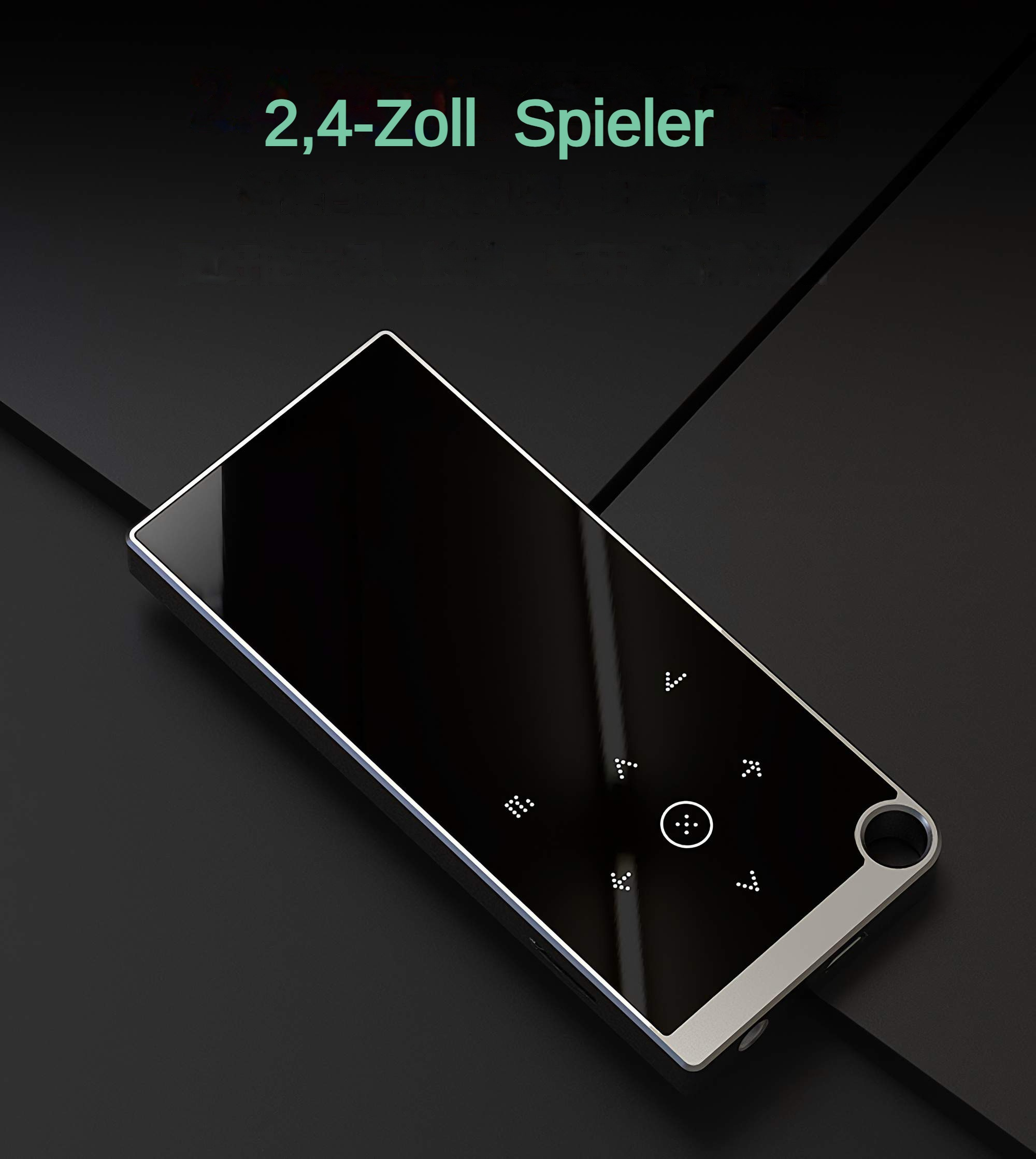 Ein schlanker, schwarzer 2,4-Zoll-Player mit Steuertasten, silbernen Kanten und dunklem Hintergrund.