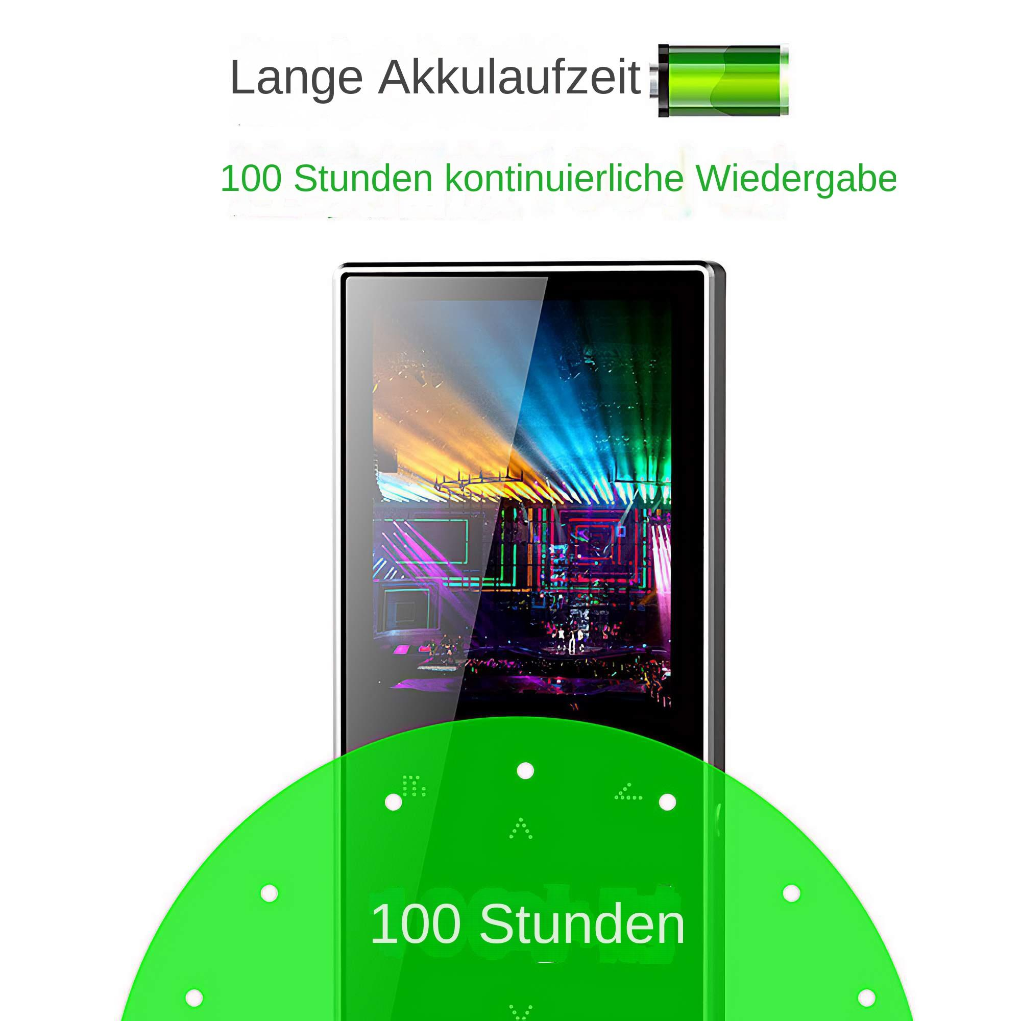 Tablet mit Veranstaltungsszene auf dem Bildschirm. Darüber steht lange Akkulaufzeit, 100 Stunden Wiedergabe.